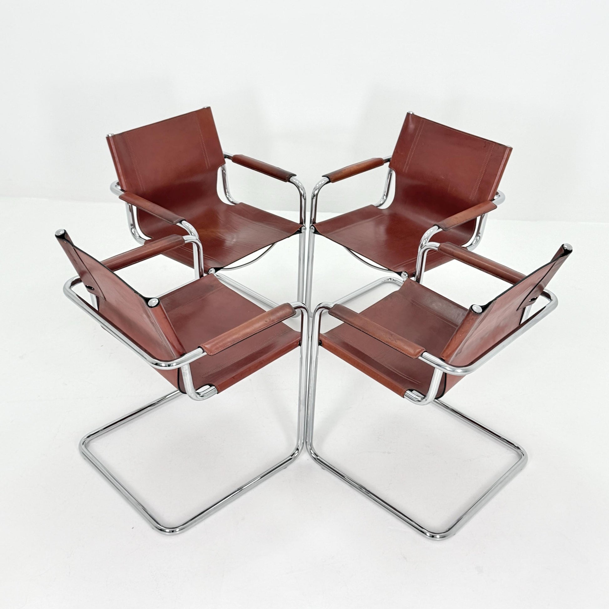 Set of 4 Matteo Grassi original Bauhaus design Visitor model armchairs dark cognac Leather Italy 1970s