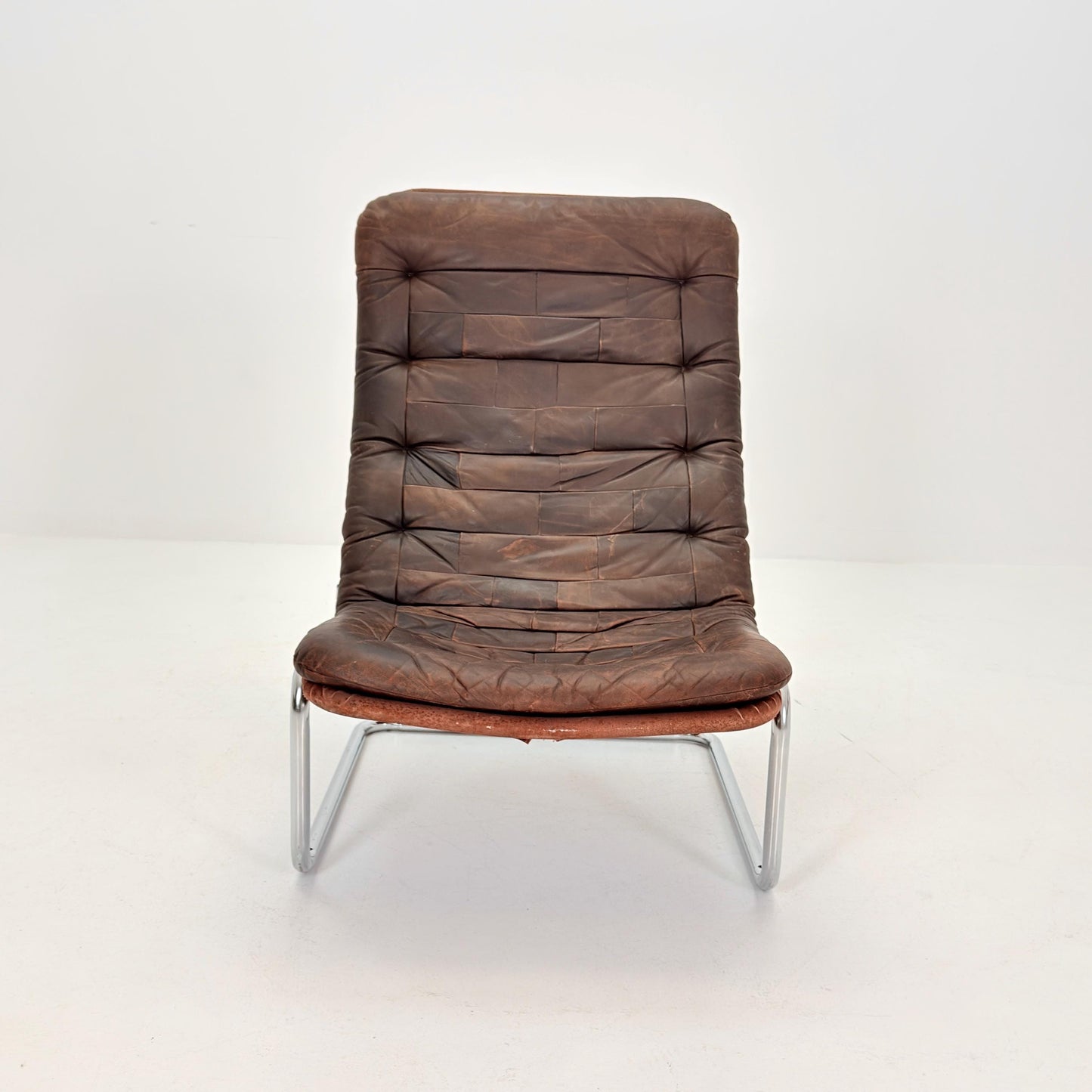 Mid Century Bauhaus cantilever Brown Patchwork Leather, Lounge Chair, Italy 1980s