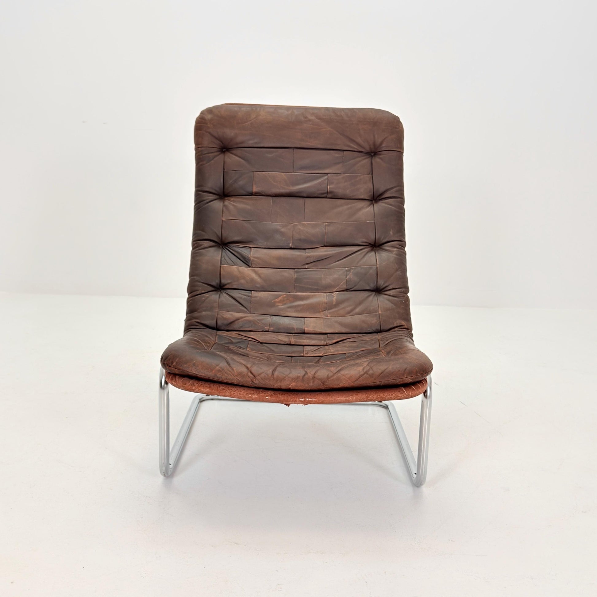 Mid Century Bauhaus cantilever Brown Patchwork Leather, Lounge Chair, Italy 1980s