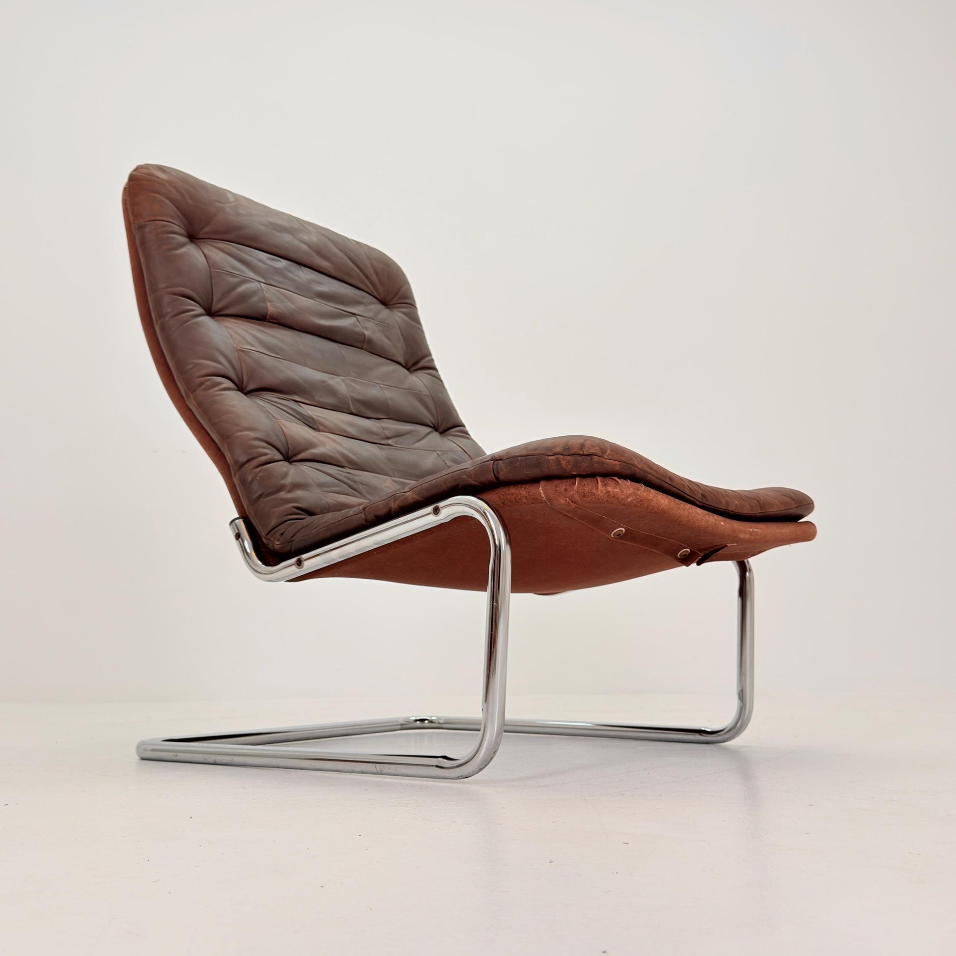 Mid Century Bauhaus cantilever Brown Patchwork Leather, Lounge Chair, Italy 1980s