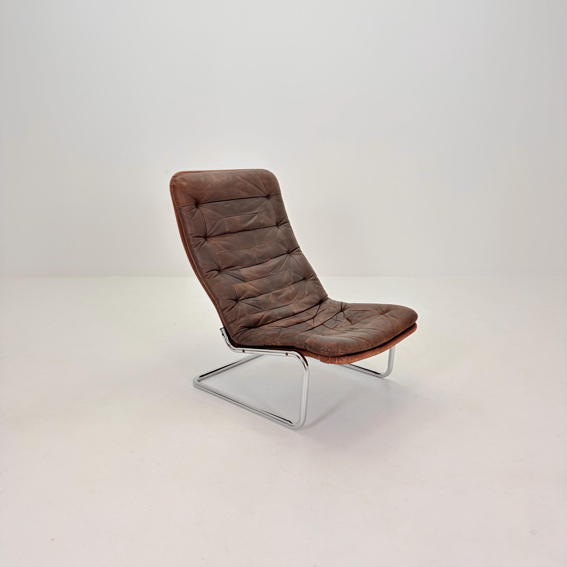 Mid Century Bauhaus cantilever Brown Patchwork Leather, Lounge Chair, Italy 1980s