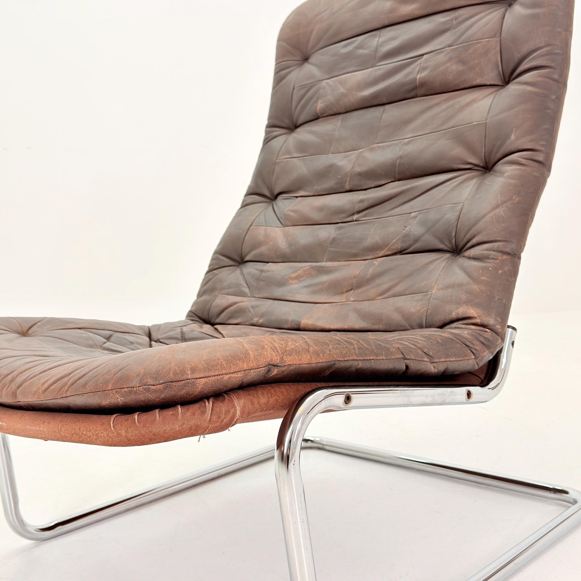 Mid Century Bauhaus cantilever Brown Patchwork Leather, Lounge Chair, Italy 1980s