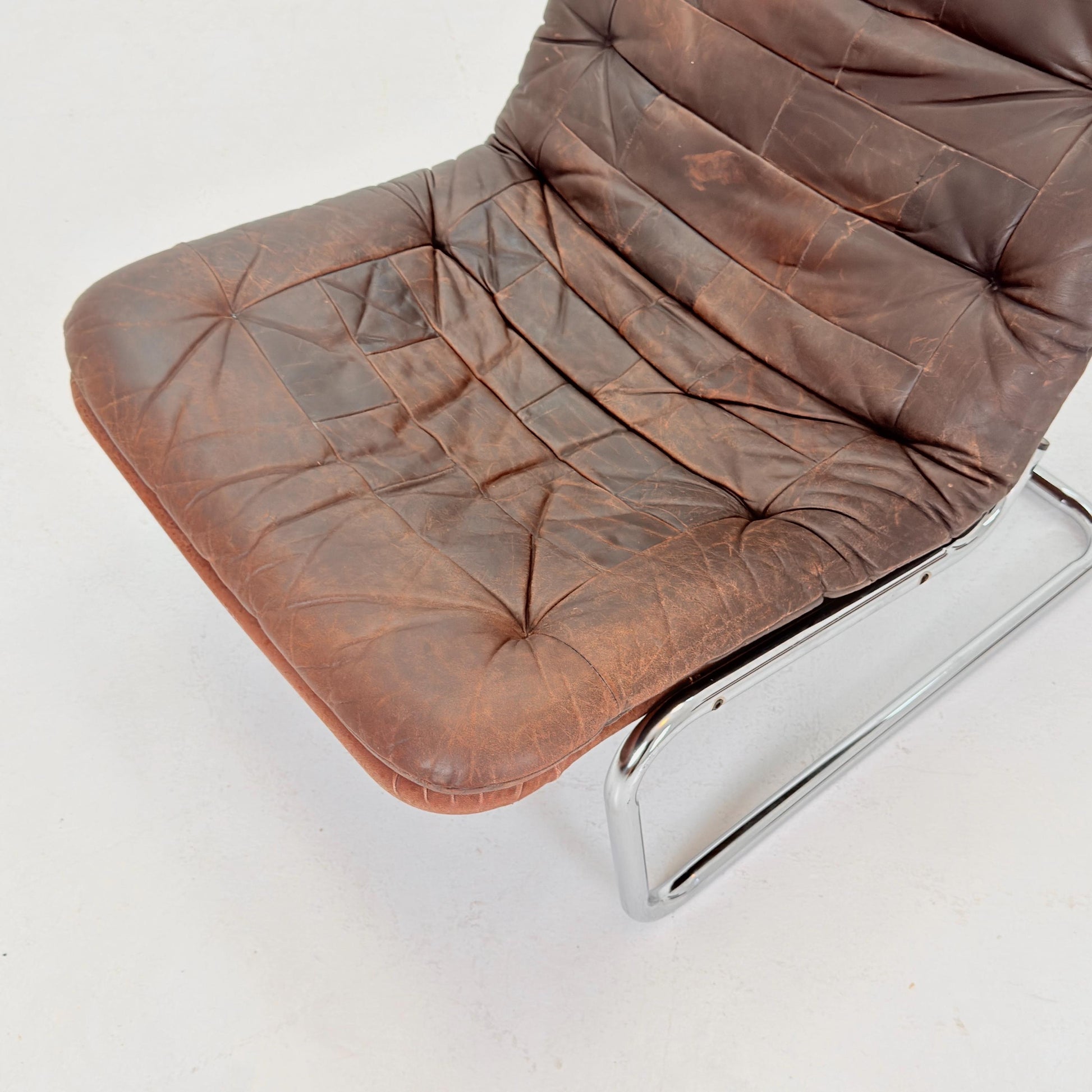 Mid Century Bauhaus cantilever Brown Patchwork Leather, Lounge Chair, Italy 1980s