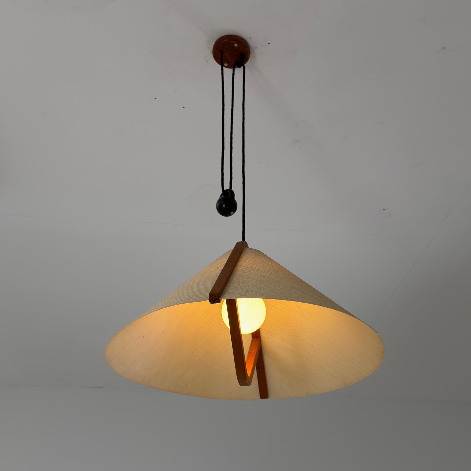 Mid-Century Adjustable Teak Wood & Fabric Pendant Lamp by Domus, Germany, 1960s