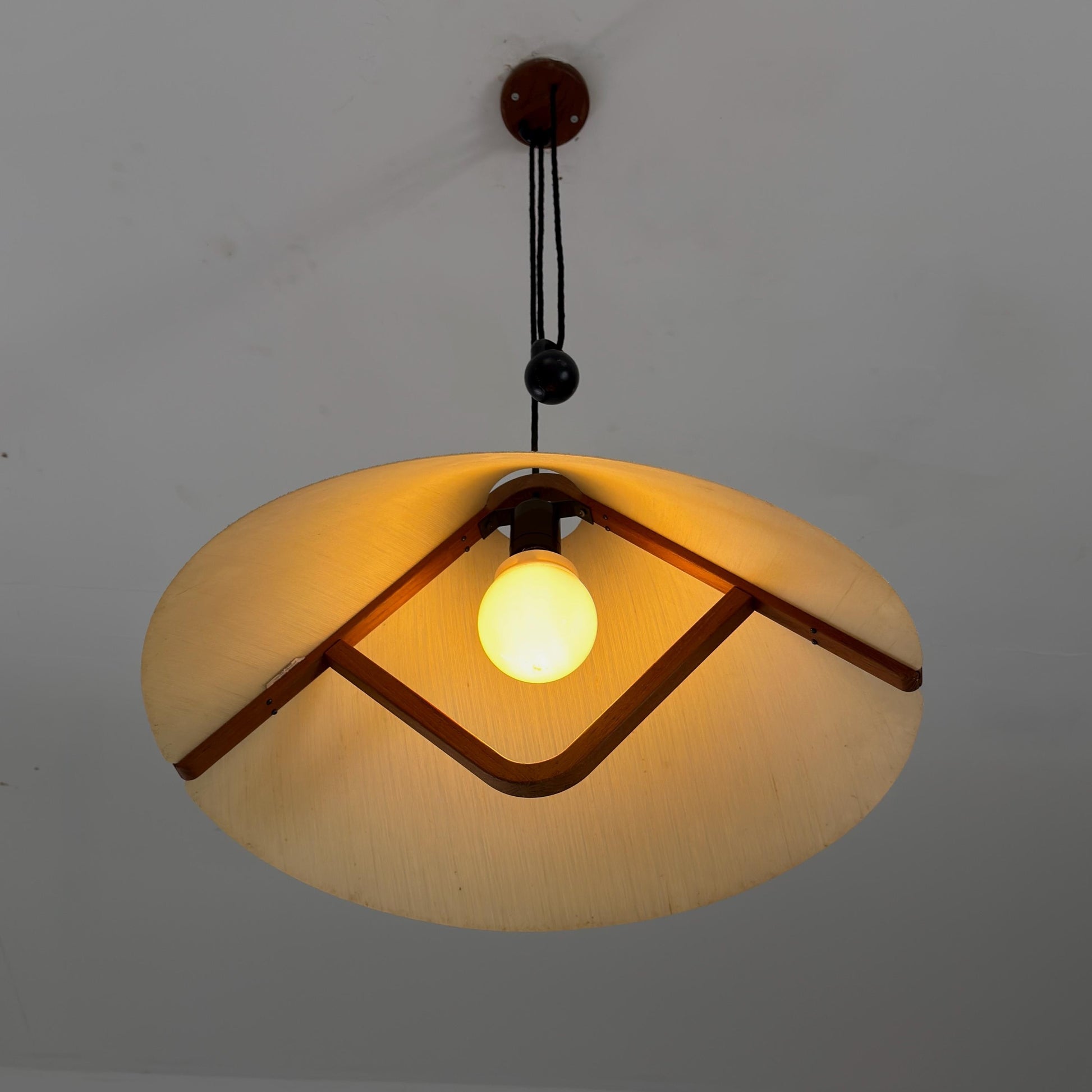 Mid-Century Adjustable Teak Wood & Fabric Pendant Lamp by Domus, Germany, 1960s