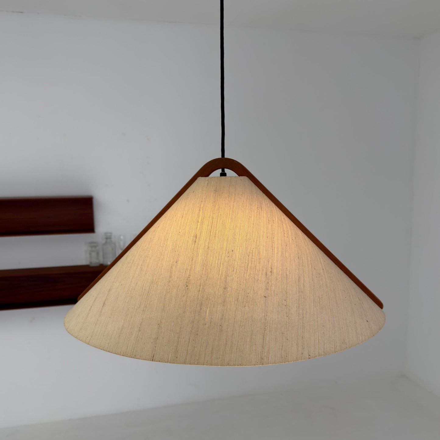 Mid-Century Adjustable Teak Wood & Fabric Pendant Lamp by Domus, Germany, 1960s
