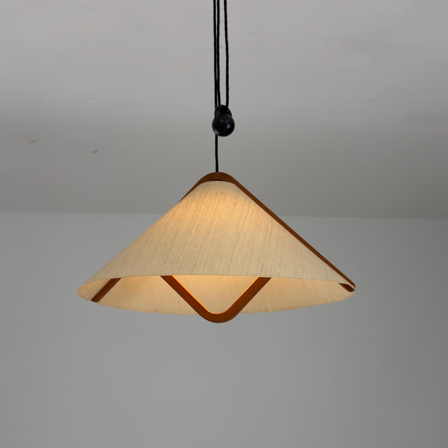 Mid-Century Adjustable Teak Wood & Fabric Pendant Lamp by Domus, Germany, 1960s