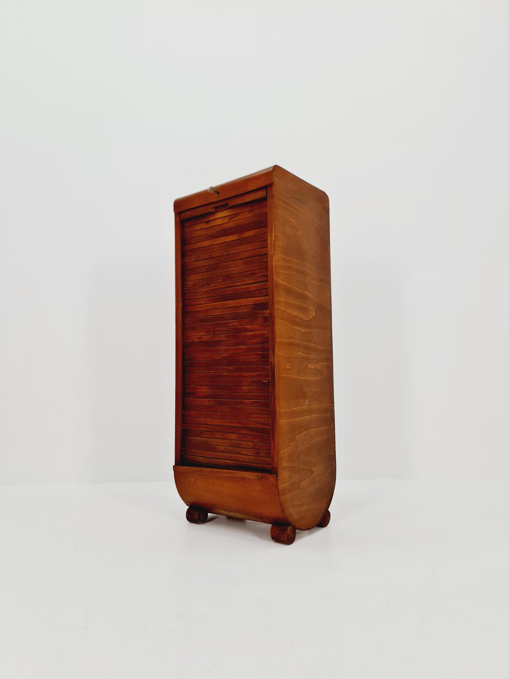 Mid century German roll document cabinet in Wood by Ekawerk Büro Möbel , 1950s