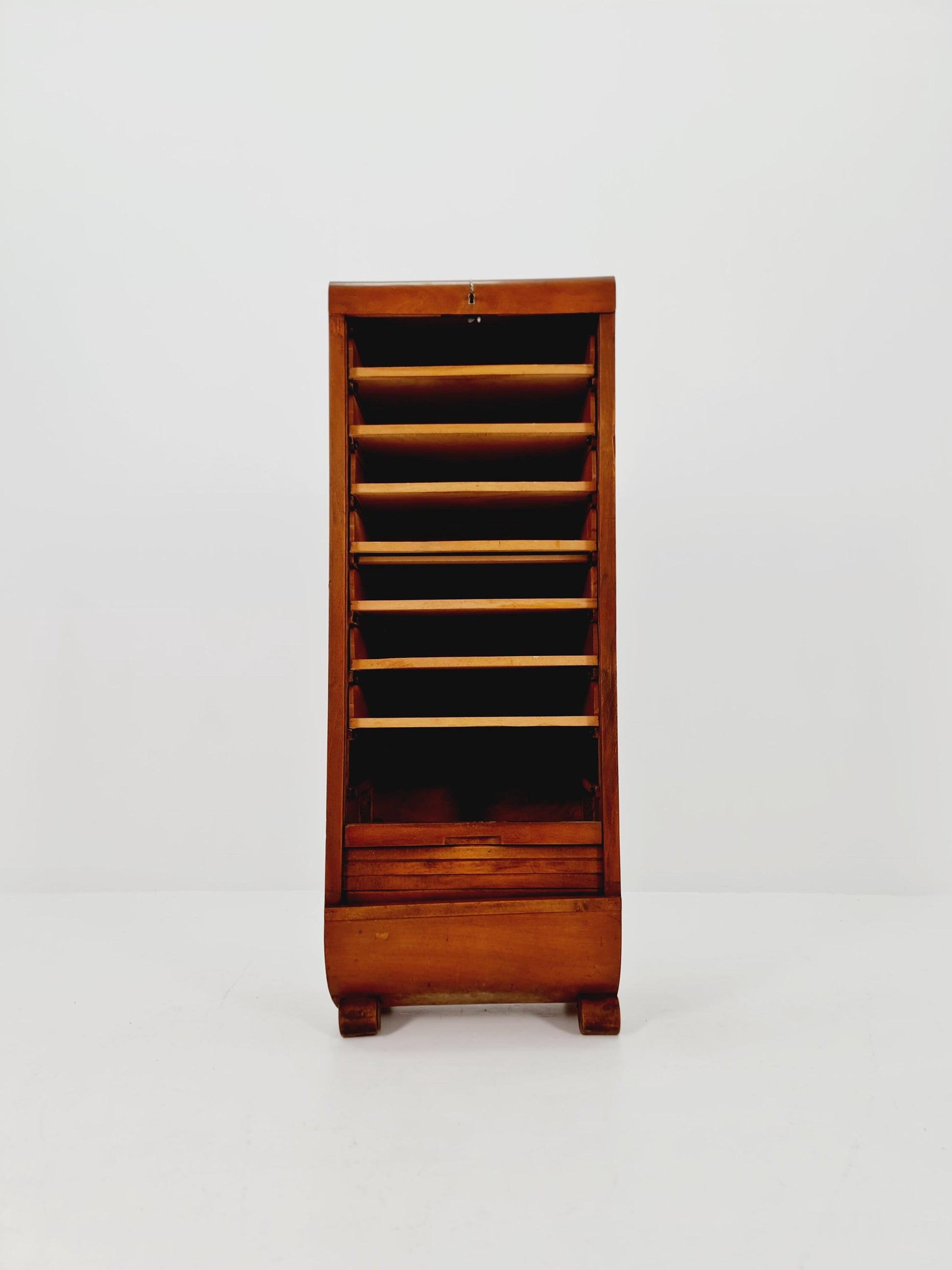 Mid century German roll document cabinet in Wood by Ekawerk Büro Möbel , 1950s