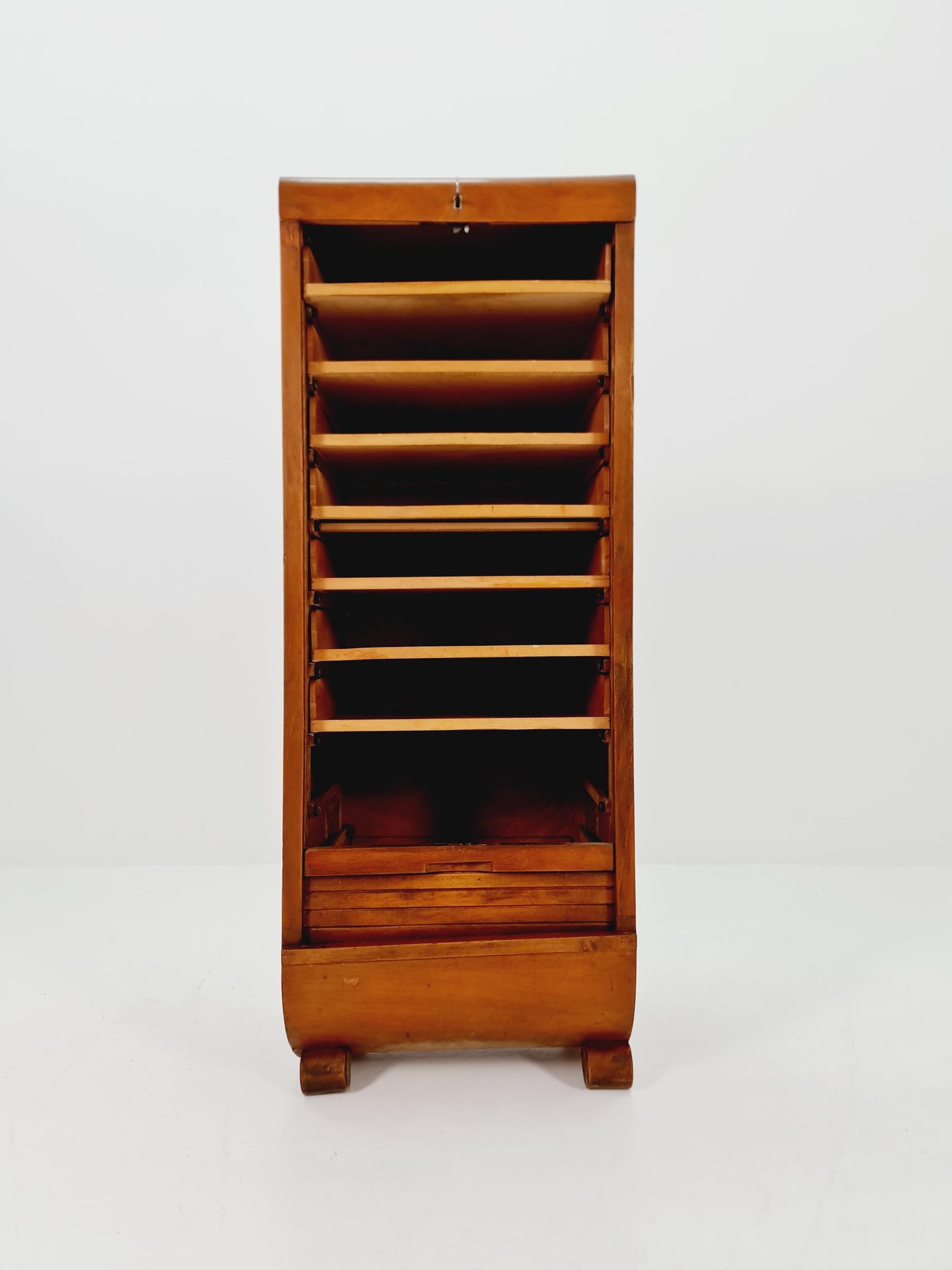 Mid century German roll document cabinet in Wood by Ekawerk Büro Möbel , 1950s
