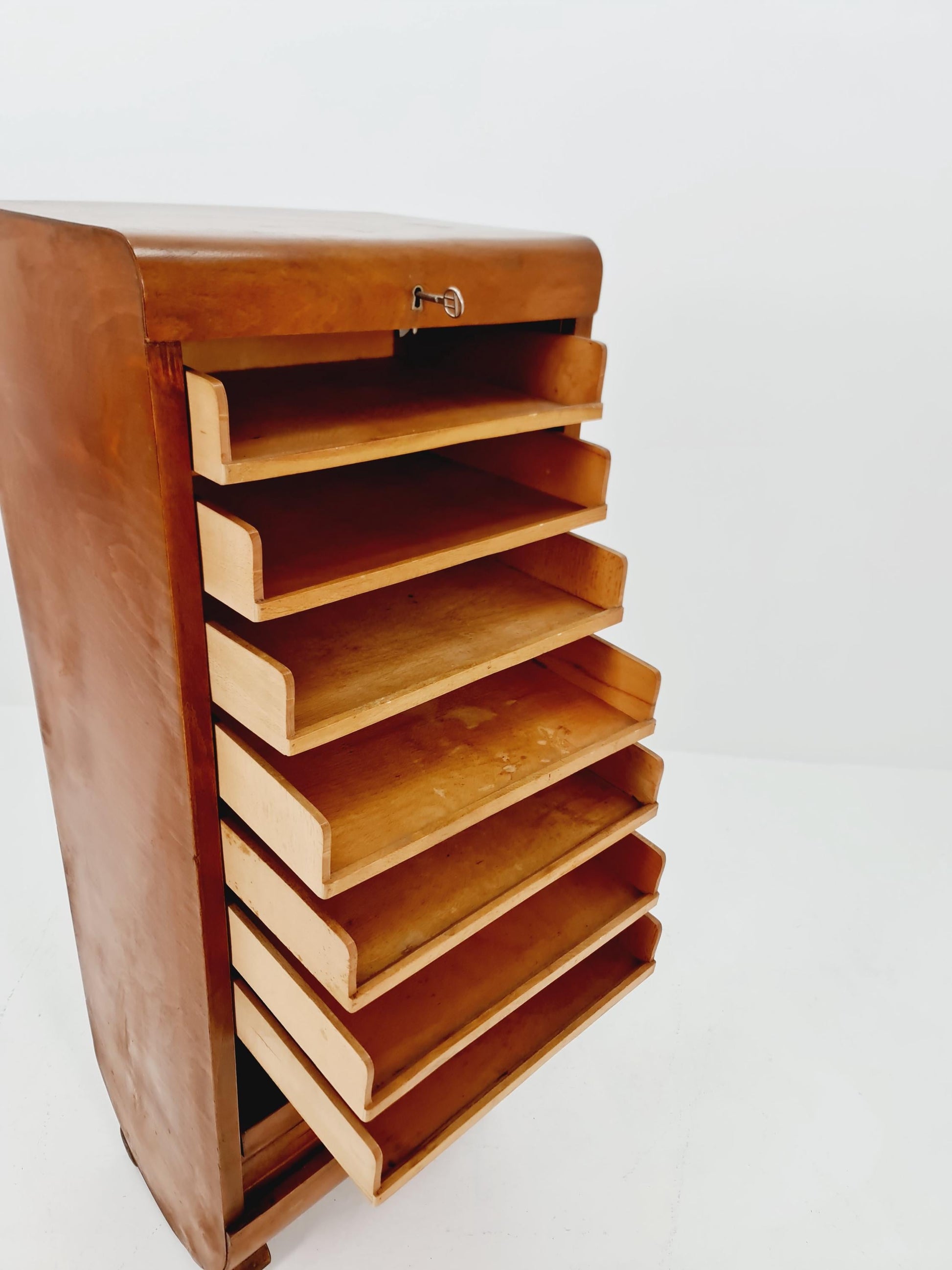 Mid century German roll document cabinet in Wood by Ekawerk Büro Möbel , 1950s
