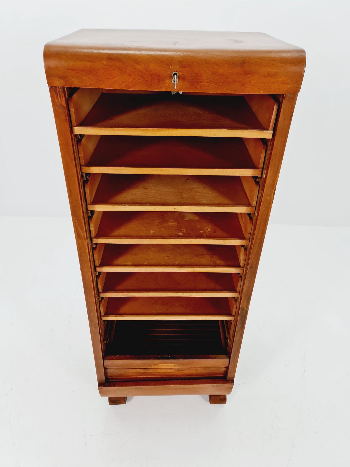 Mid century German roll document cabinet in Wood by Ekawerk Büro Möbel , 1950s