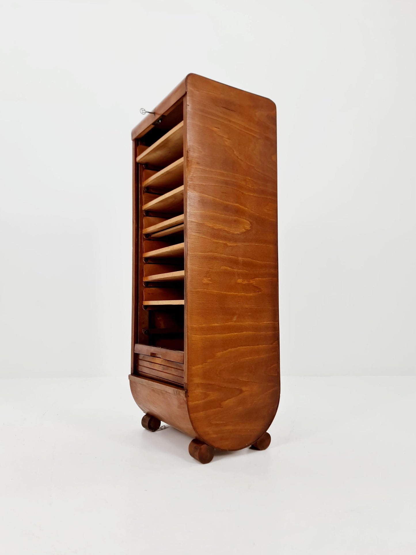 Mid century German roll document cabinet in Wood by Ekawerk Büro Möbel , 1950s