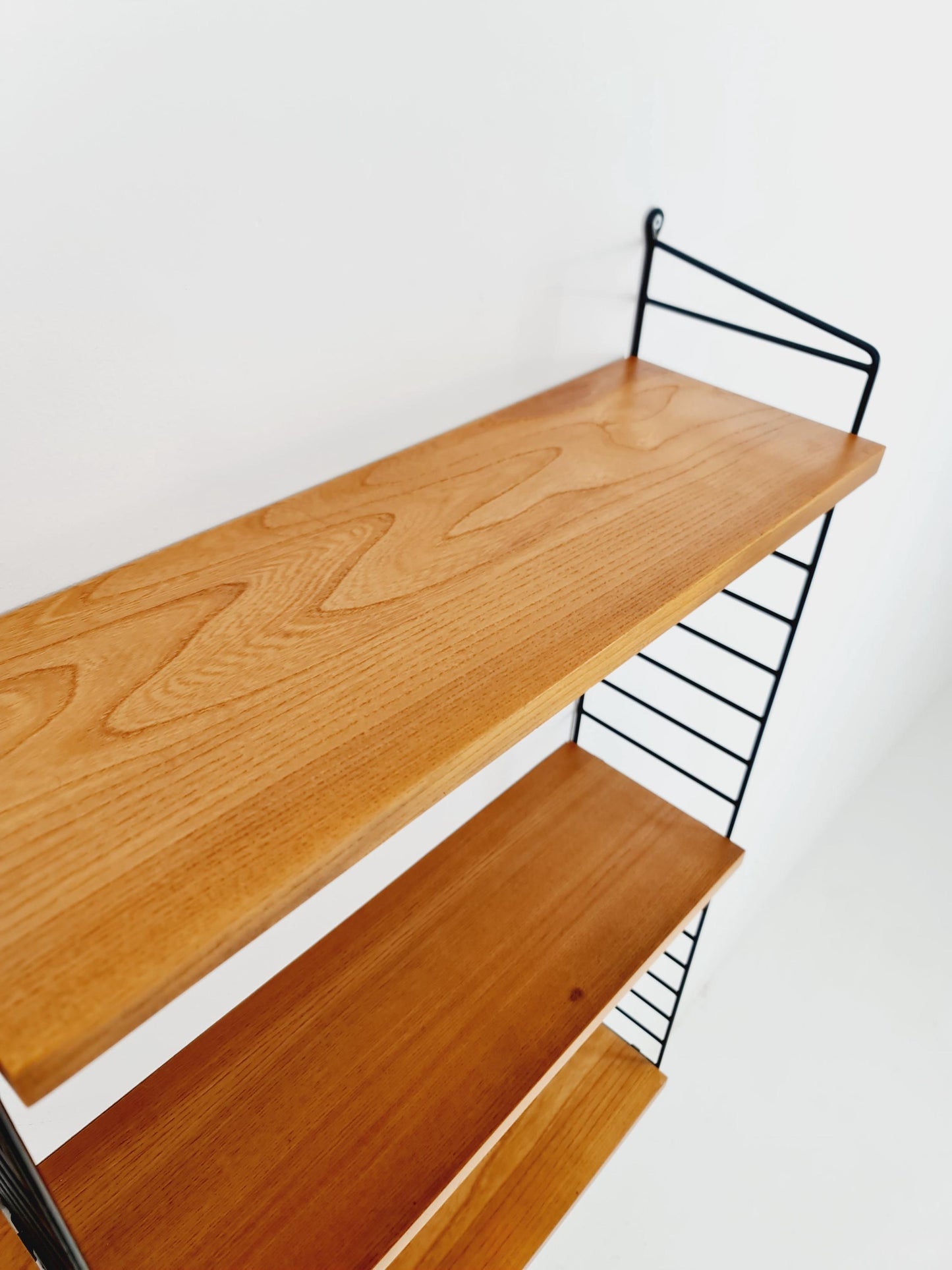 Original MCM Ash wood shelving system - consists of Black lacquered metal ladders, from string Stockholm 1960s