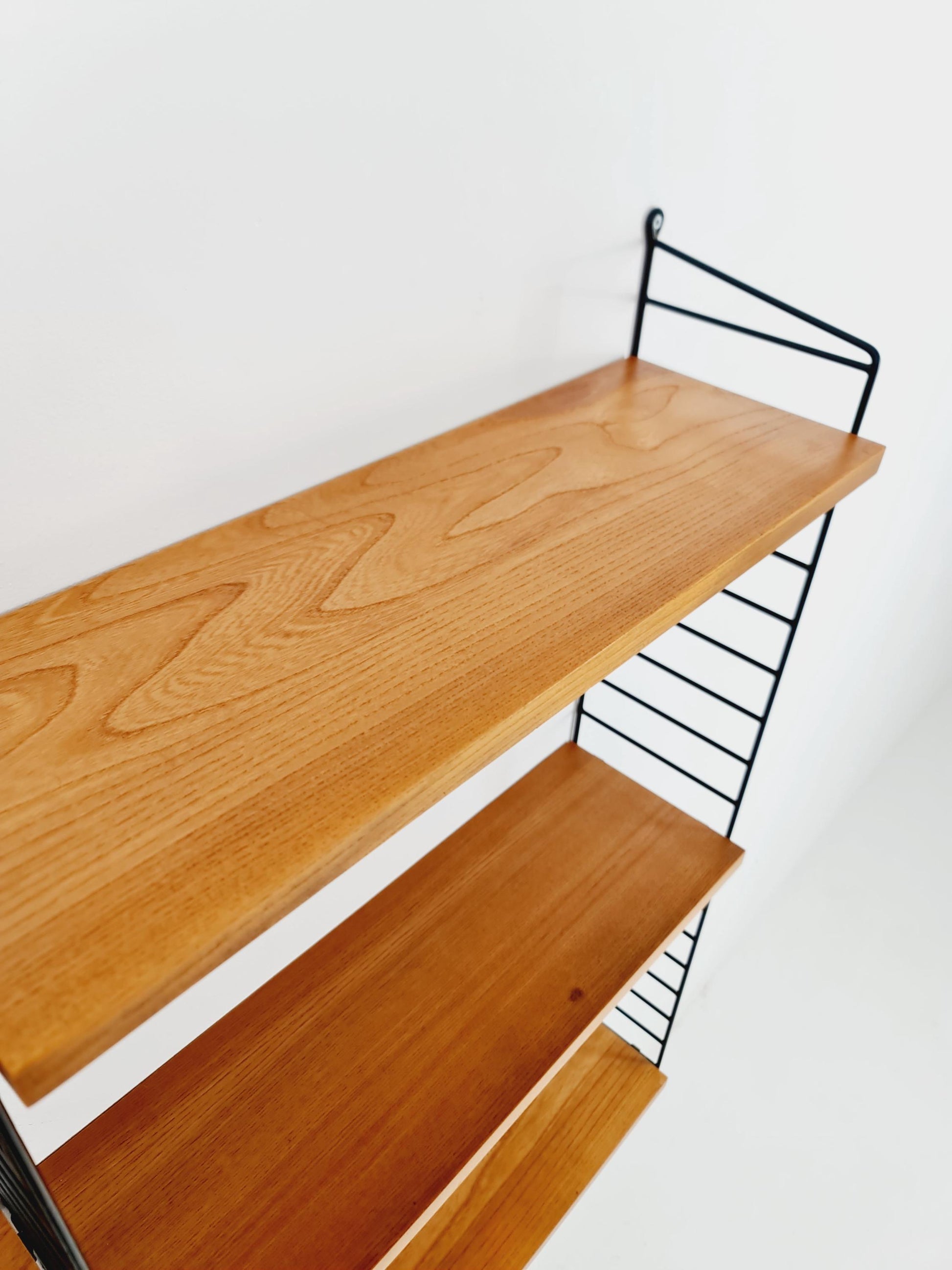Original MCM Ash wood shelving system - consists of Black lacquered metal ladders, from string Stockholm 1960s