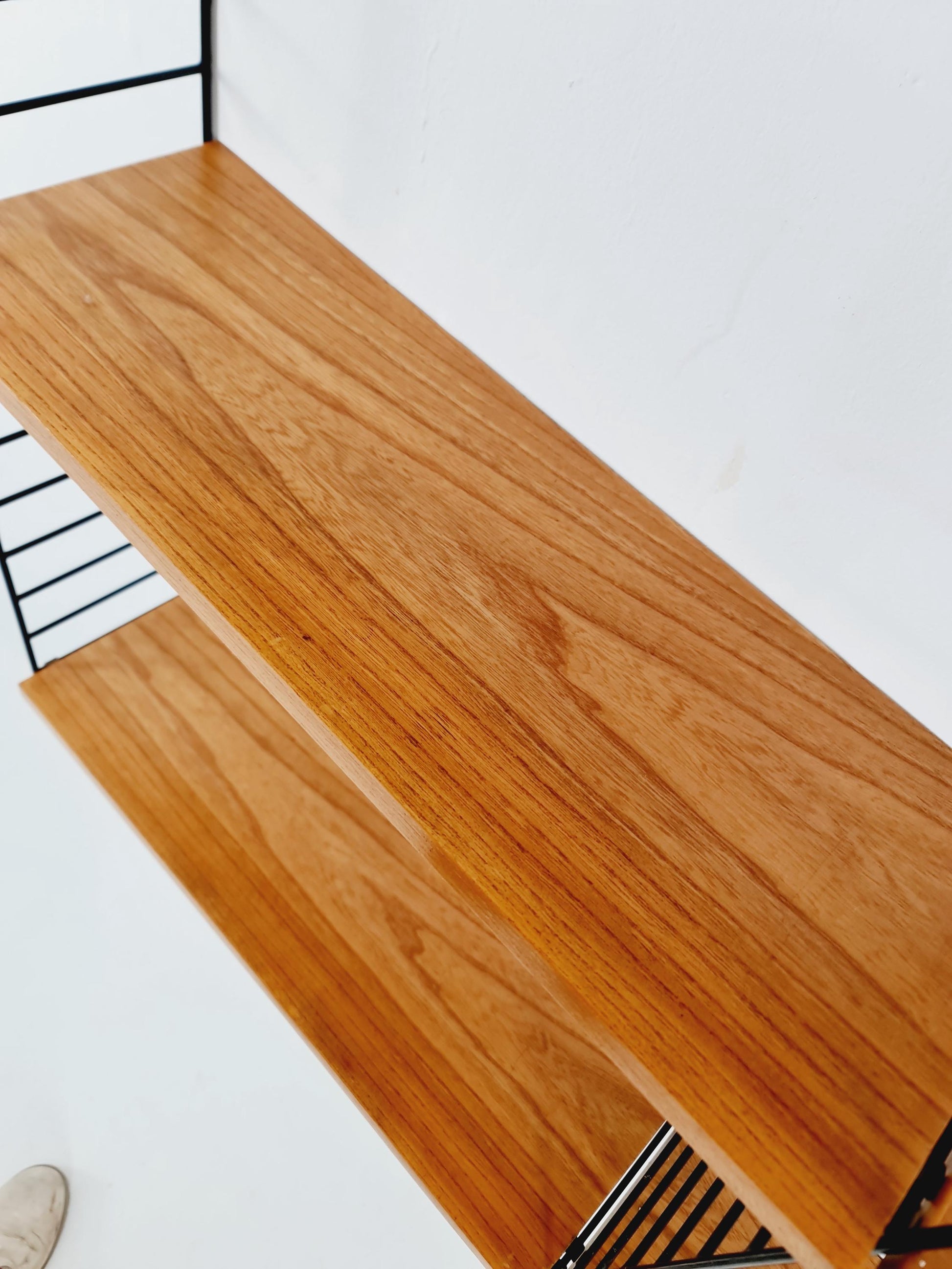 Original MCM Ash wood shelving system - consists of Black lacquered metal ladders, from string Stockholm 1960s