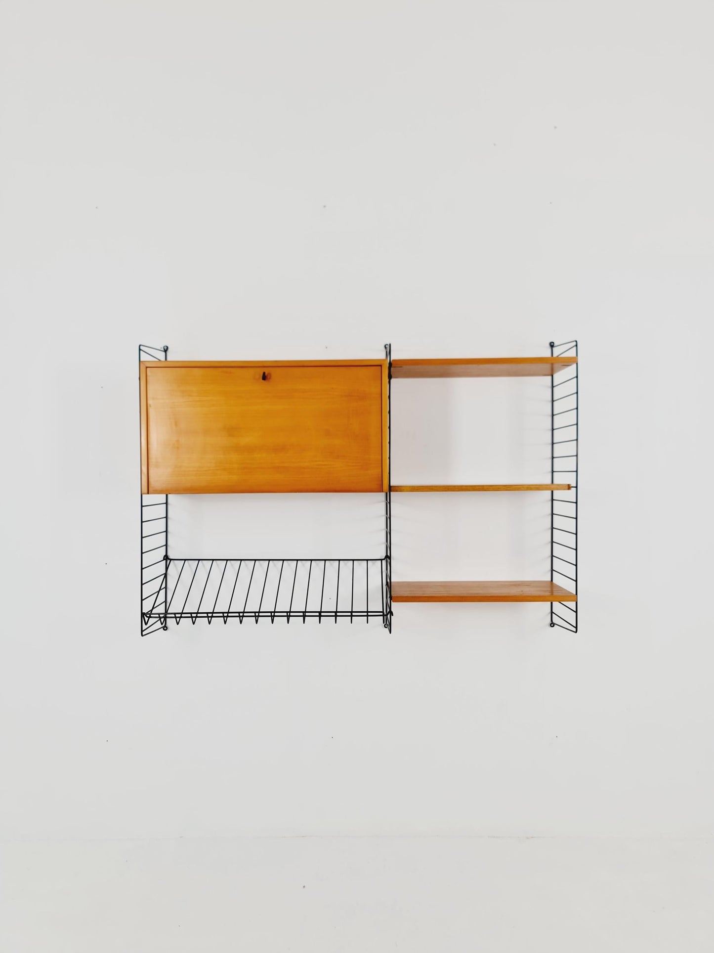 Wall-mounted original Swedish string shelf-system, drawers, bookcase teak by Nils & Kajsa Strinning, 1960s