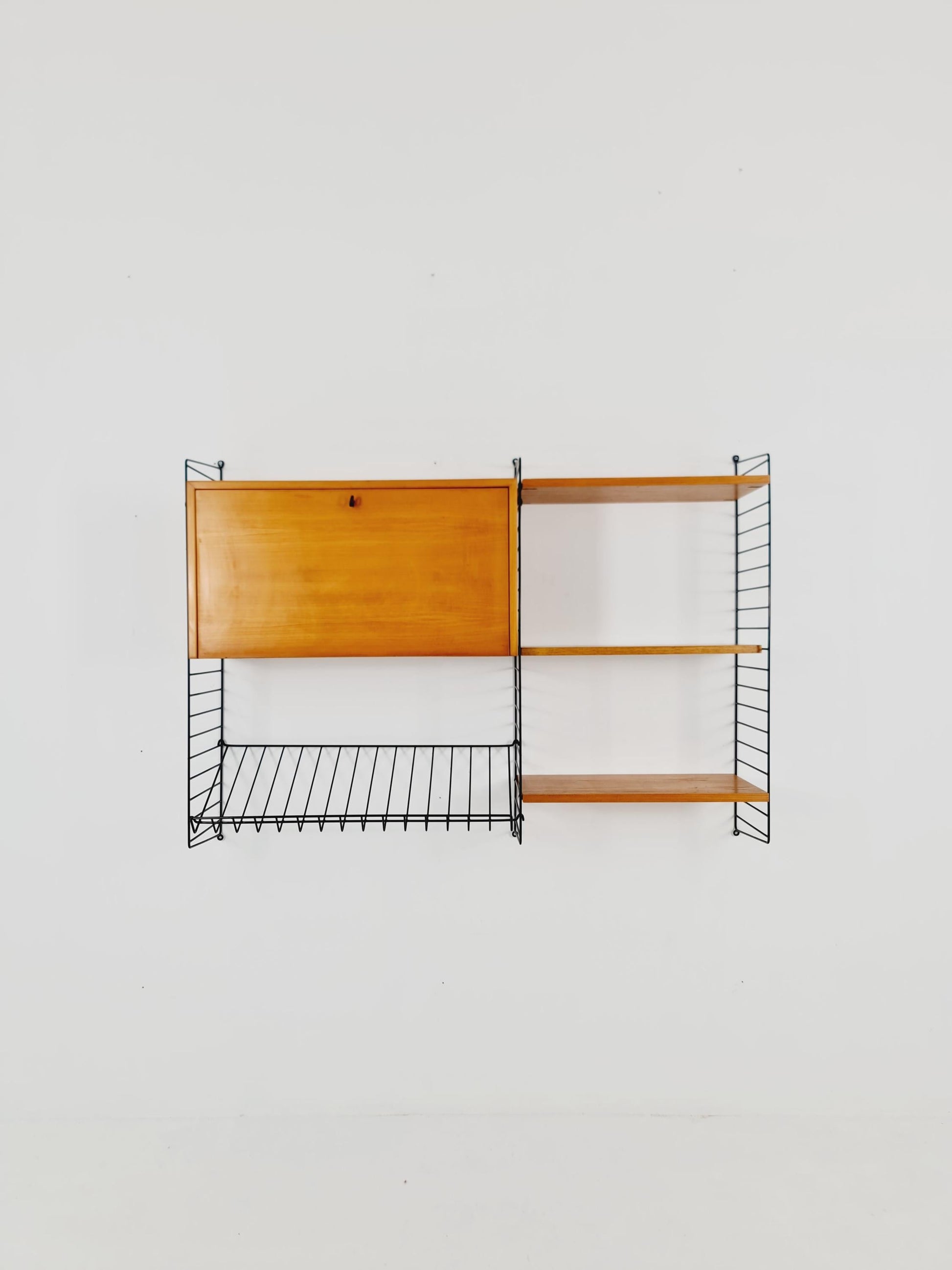 Wall-mounted original Swedish string shelf-system, drawers, bookcase teak by Nils & Kajsa Strinning, 1960s