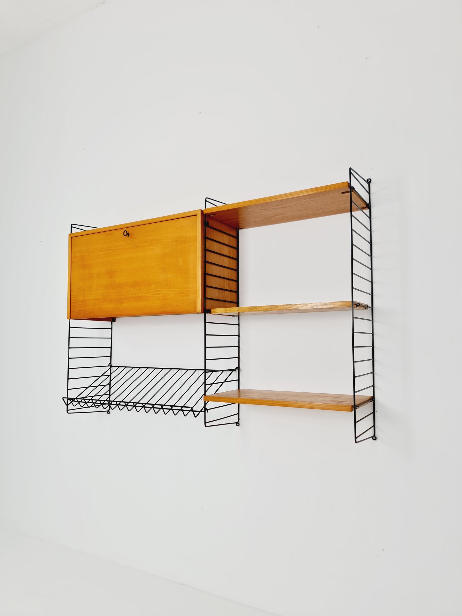 Wall-mounted original Swedish string shelf-system, drawers, bookcase teak by Nils & Kajsa Strinning, 1960s