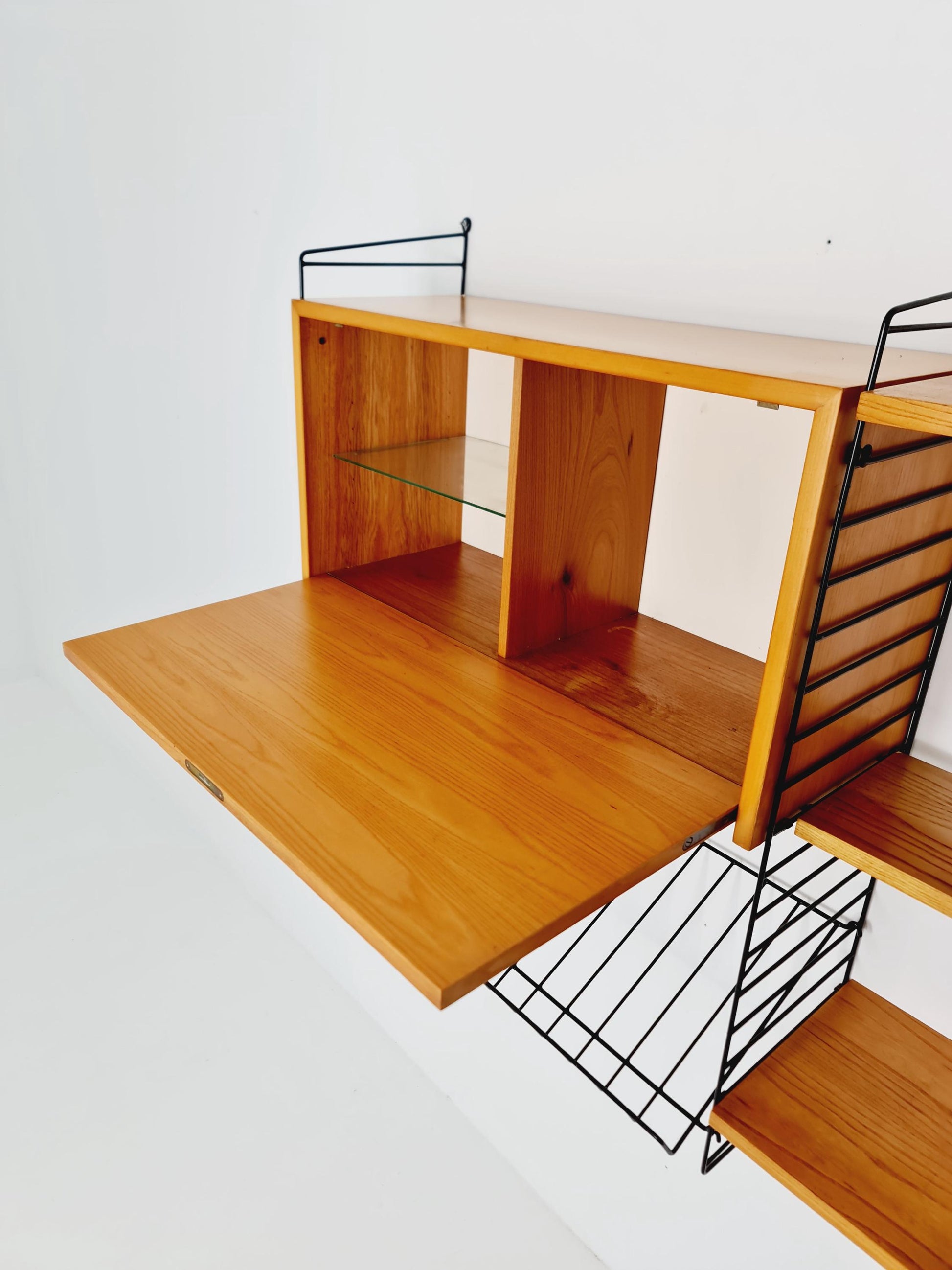 Wall-mounted original Swedish string shelf-system, drawers, bookcase teak by Nils & Kajsa Strinning, 1960s