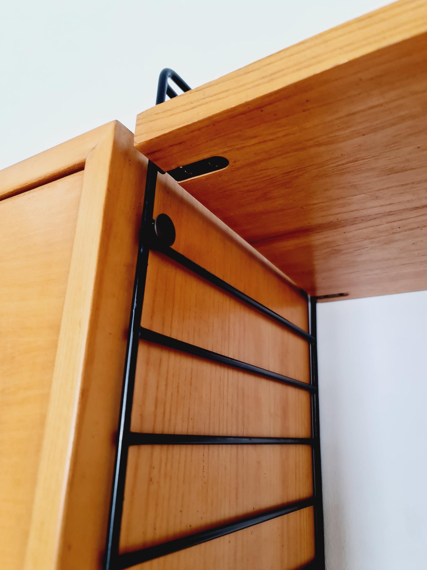 Wall-mounted original Swedish string shelf-system, drawers, bookcase teak by Nils & Kajsa Strinning, 1960s