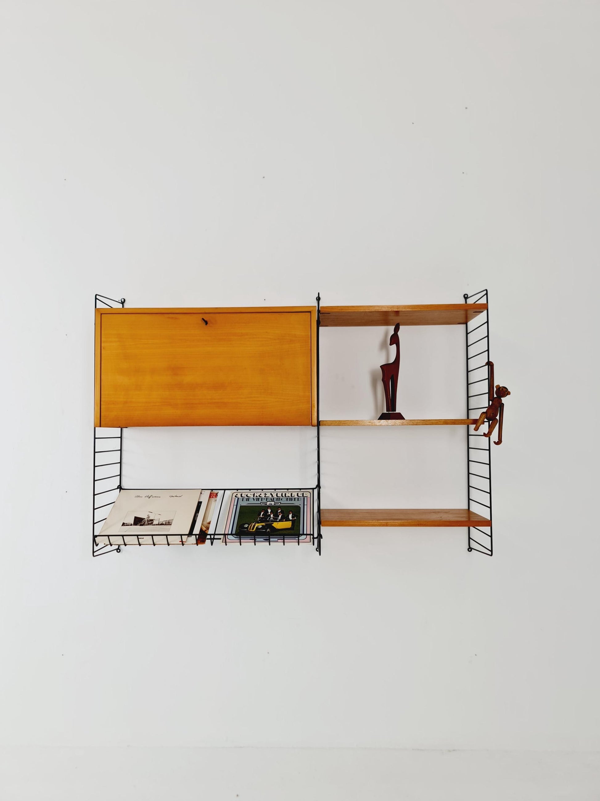 Wall-mounted original Swedish string shelf-system, drawers, bookcase teak by Nils & Kajsa Strinning, 1960s