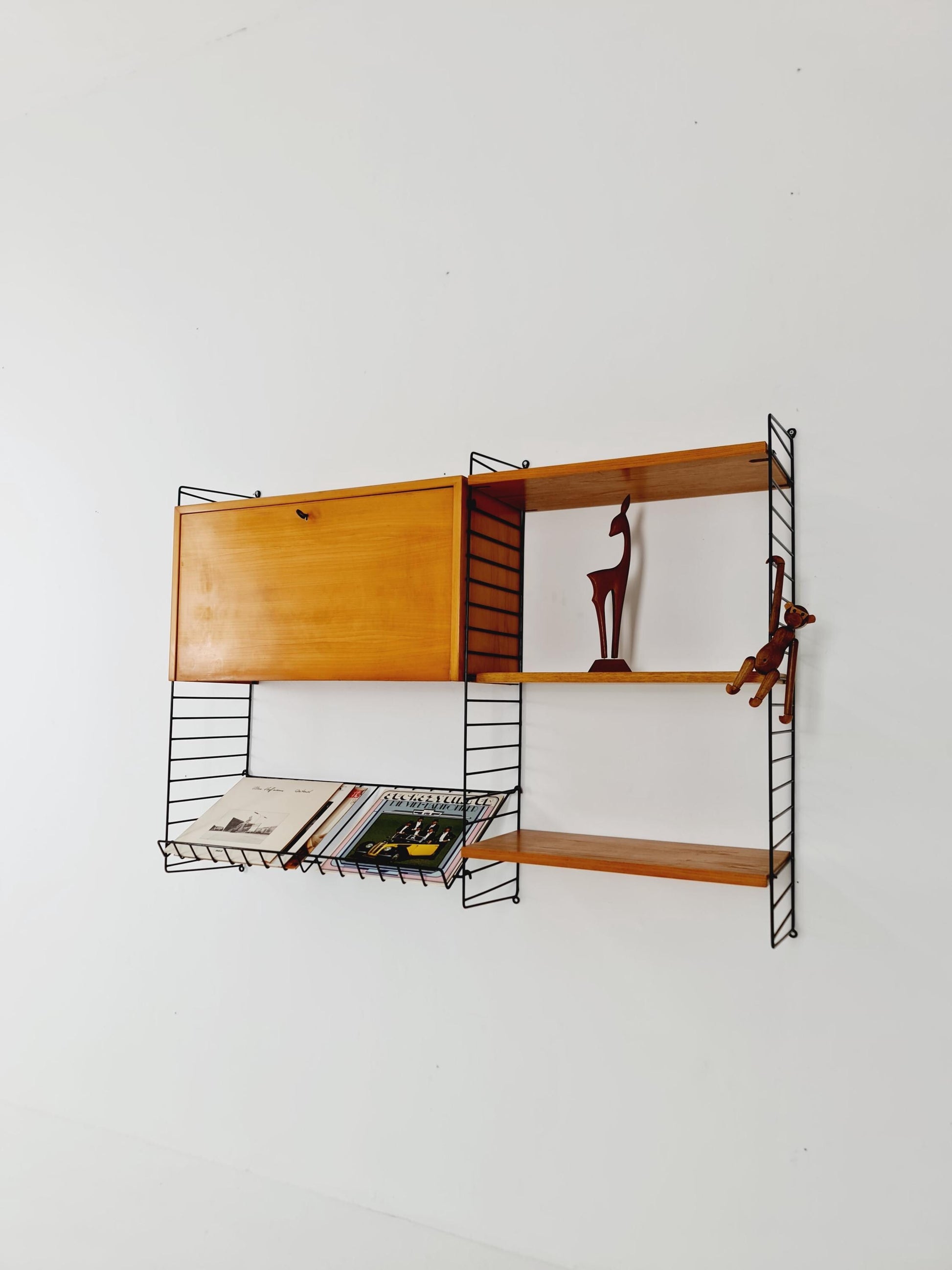 Wall-mounted original Swedish string shelf-system, drawers, bookcase teak by Nils & Kajsa Strinning, 1960s