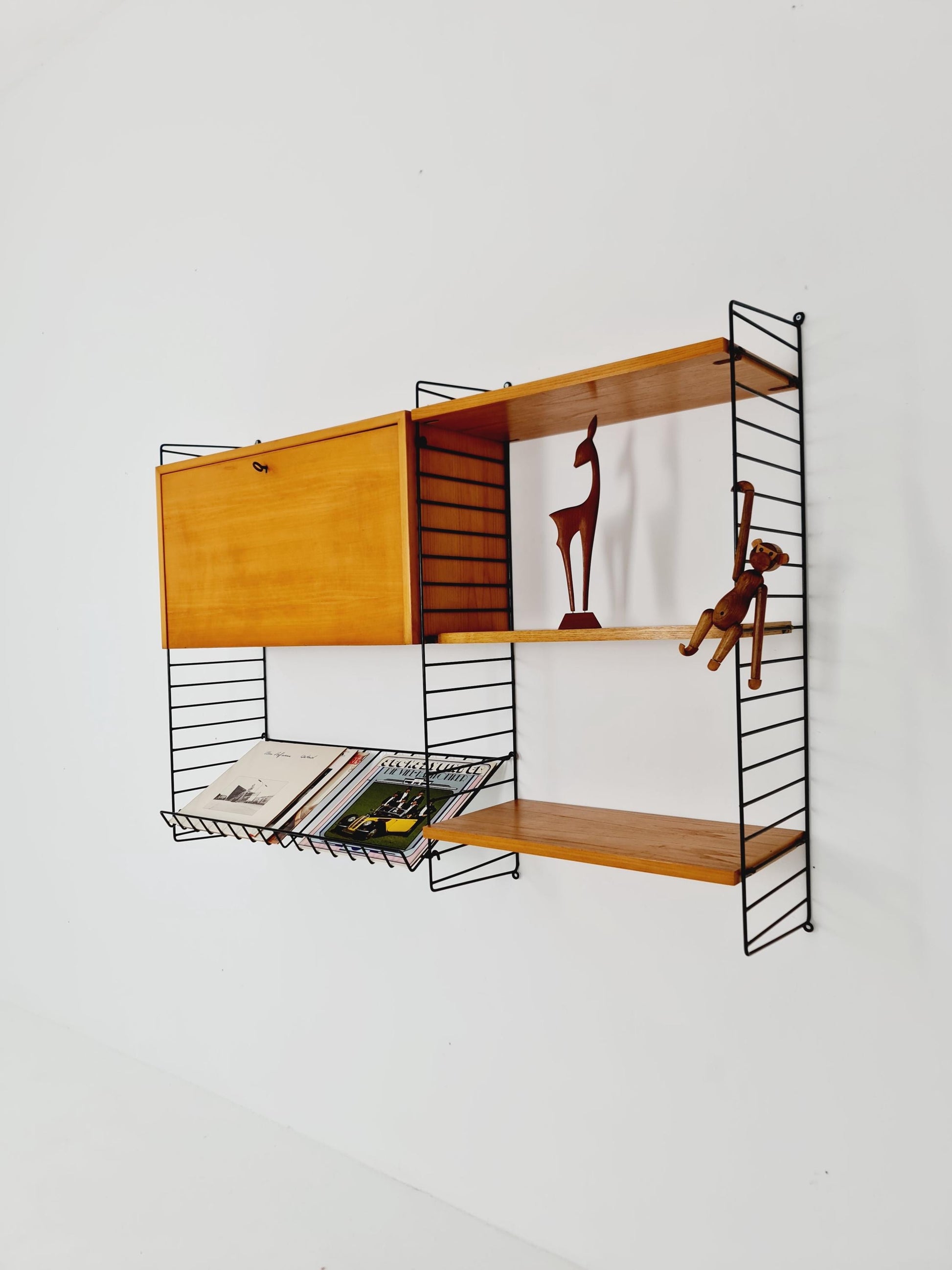 Wall-mounted original Swedish string shelf-system, drawers, bookcase teak by Nils & Kajsa Strinning, 1960s