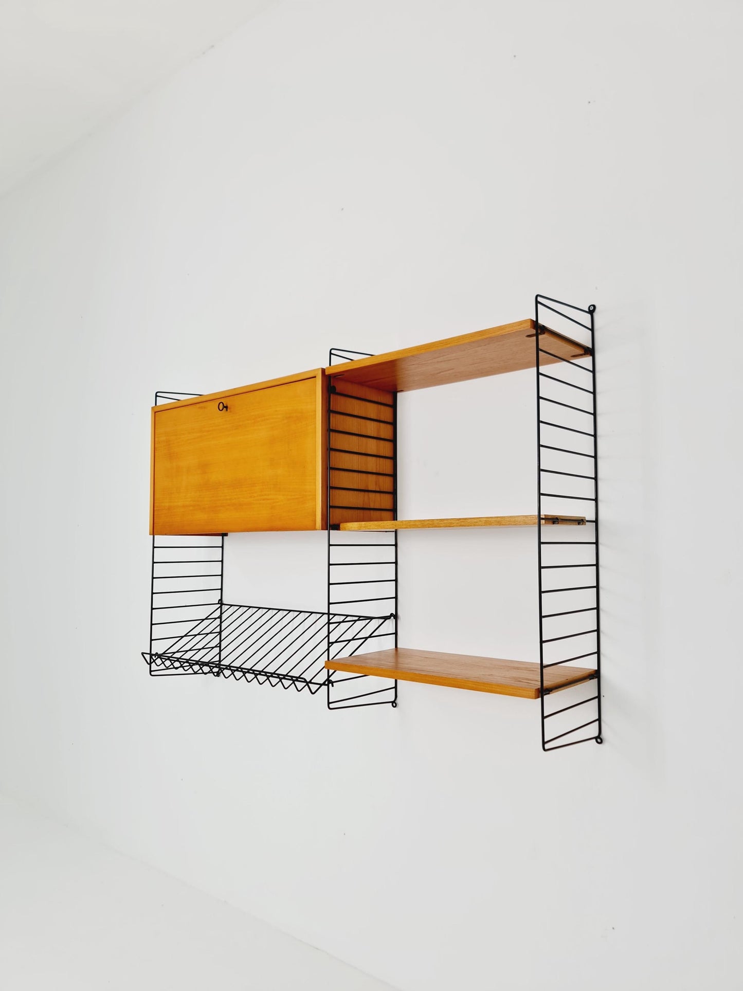 Wall-mounted original Swedish string shelf-system, drawers, bookcase teak by Nils & Kajsa Strinning, 1960s