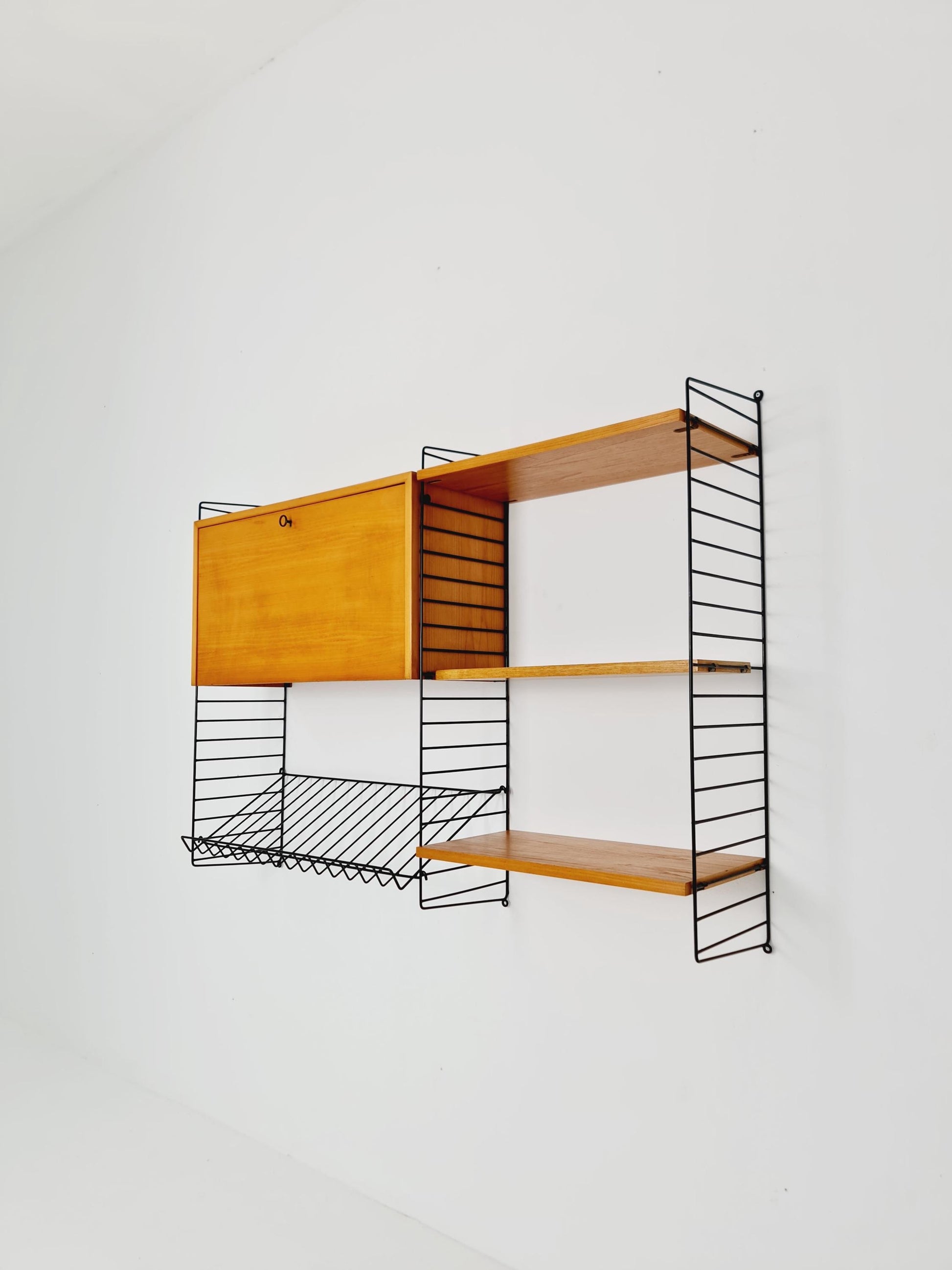 Wall-mounted original Swedish string shelf-system, drawers, bookcase teak by Nils & Kajsa Strinning, 1960s