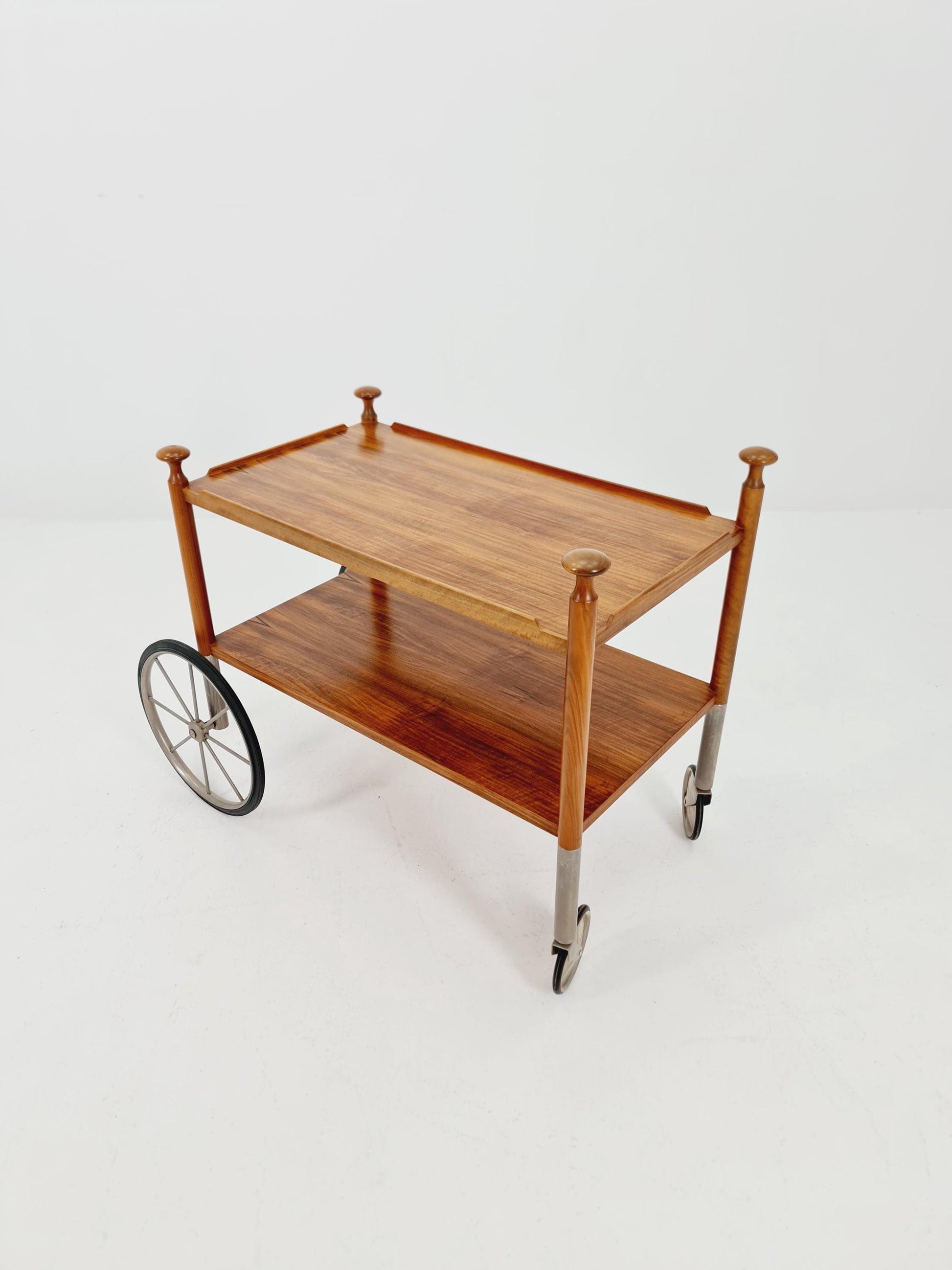 Vintage German trolley bar cart in Walnut & Chrome By Wilhem Renz , 1960s