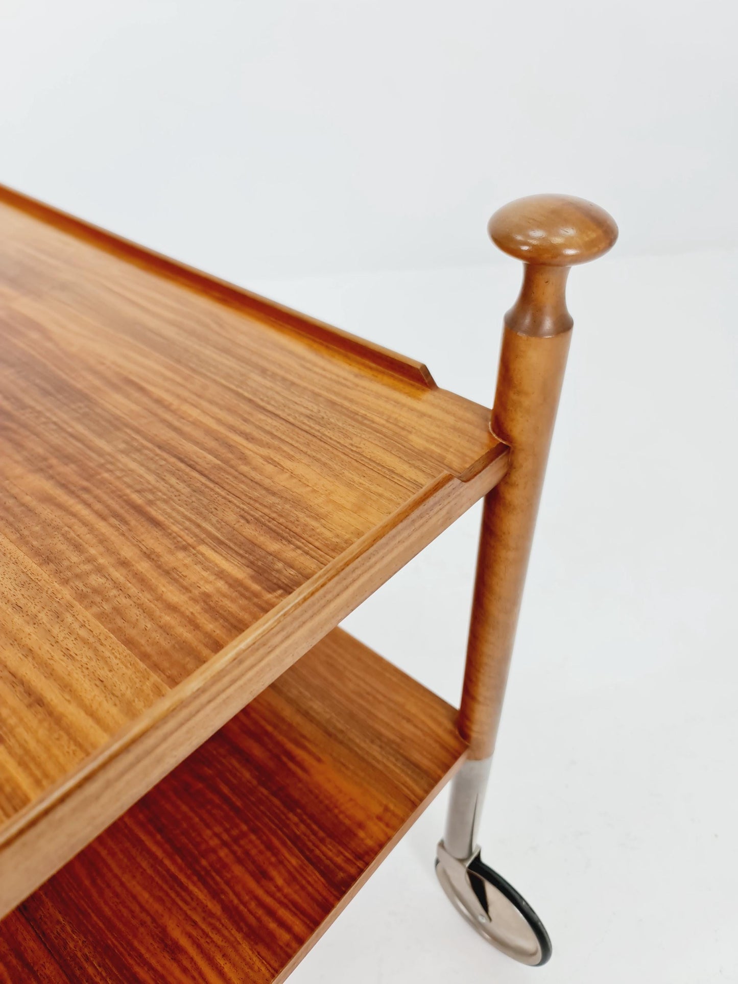 Vintage German trolley bar cart in Walnut & Chrome By Wilhem Renz , 1960s