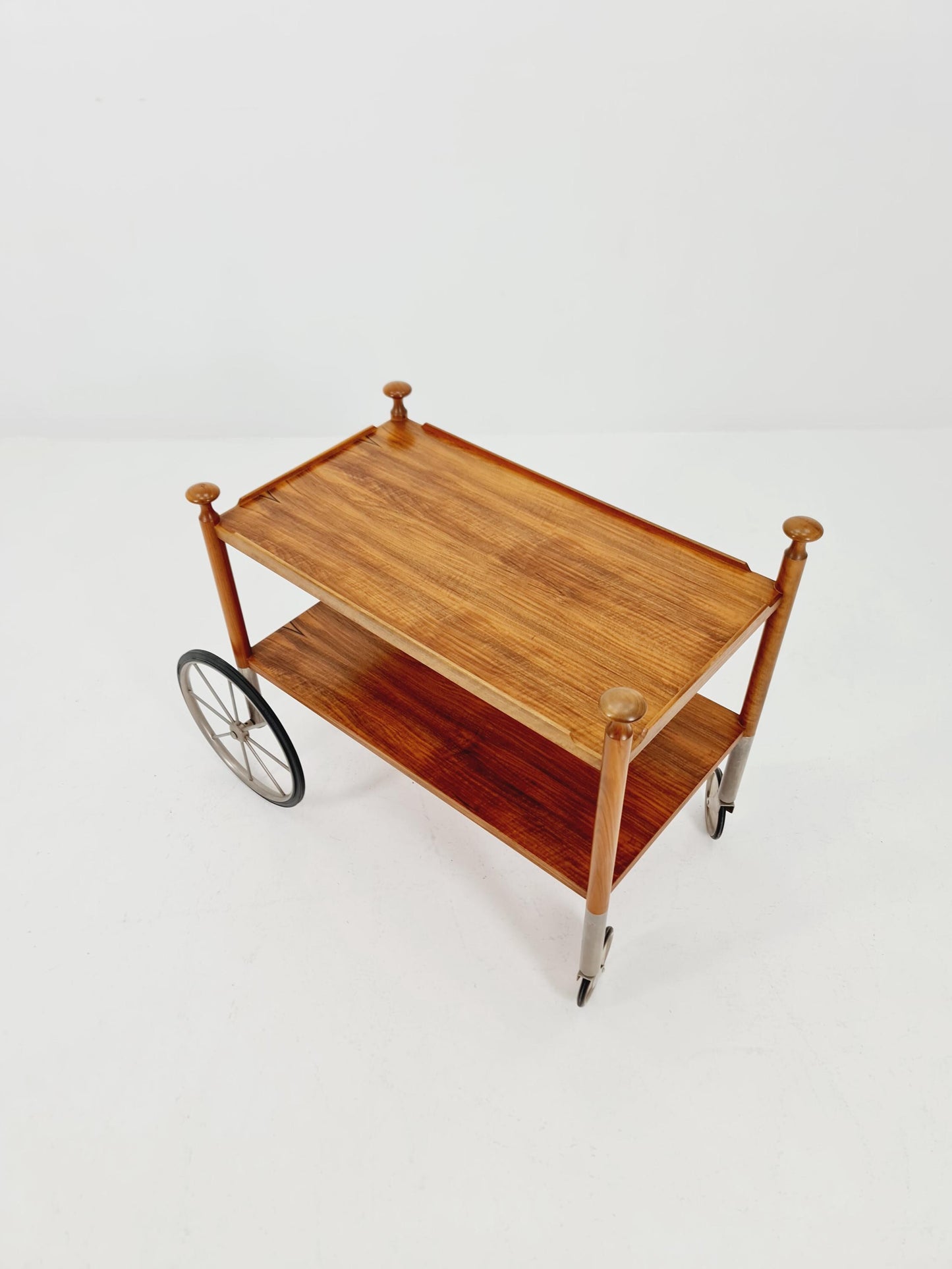 Vintage German trolley bar cart in Walnut & Chrome By Wilhem Renz , 1960s