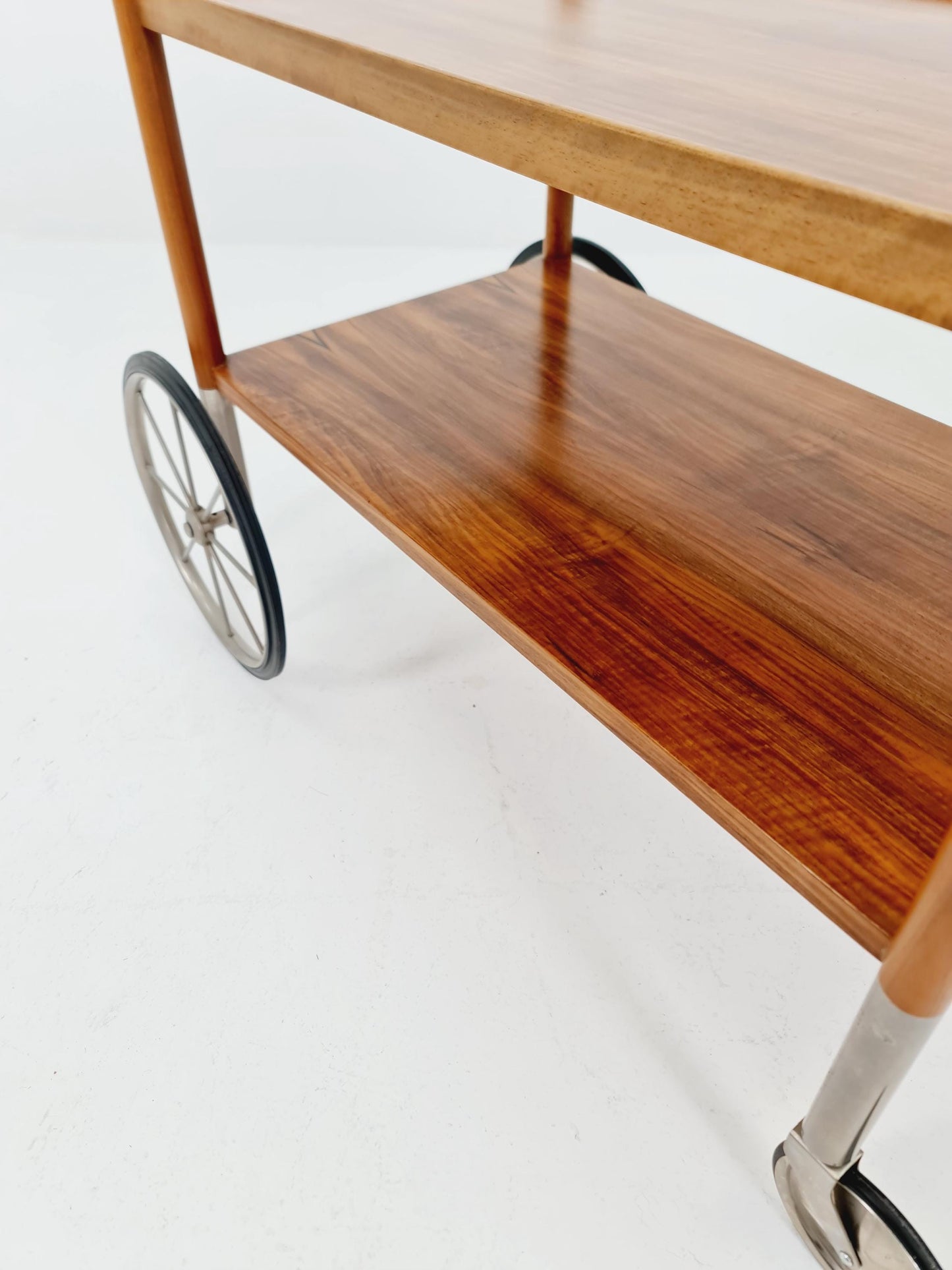 Vintage German trolley bar cart in Walnut & Chrome By Wilhem Renz , 1960s