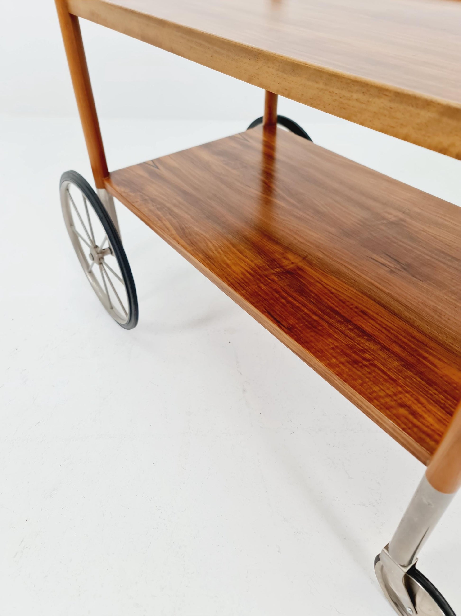 Vintage German trolley bar cart in Walnut & Chrome By Wilhem Renz , 1960s