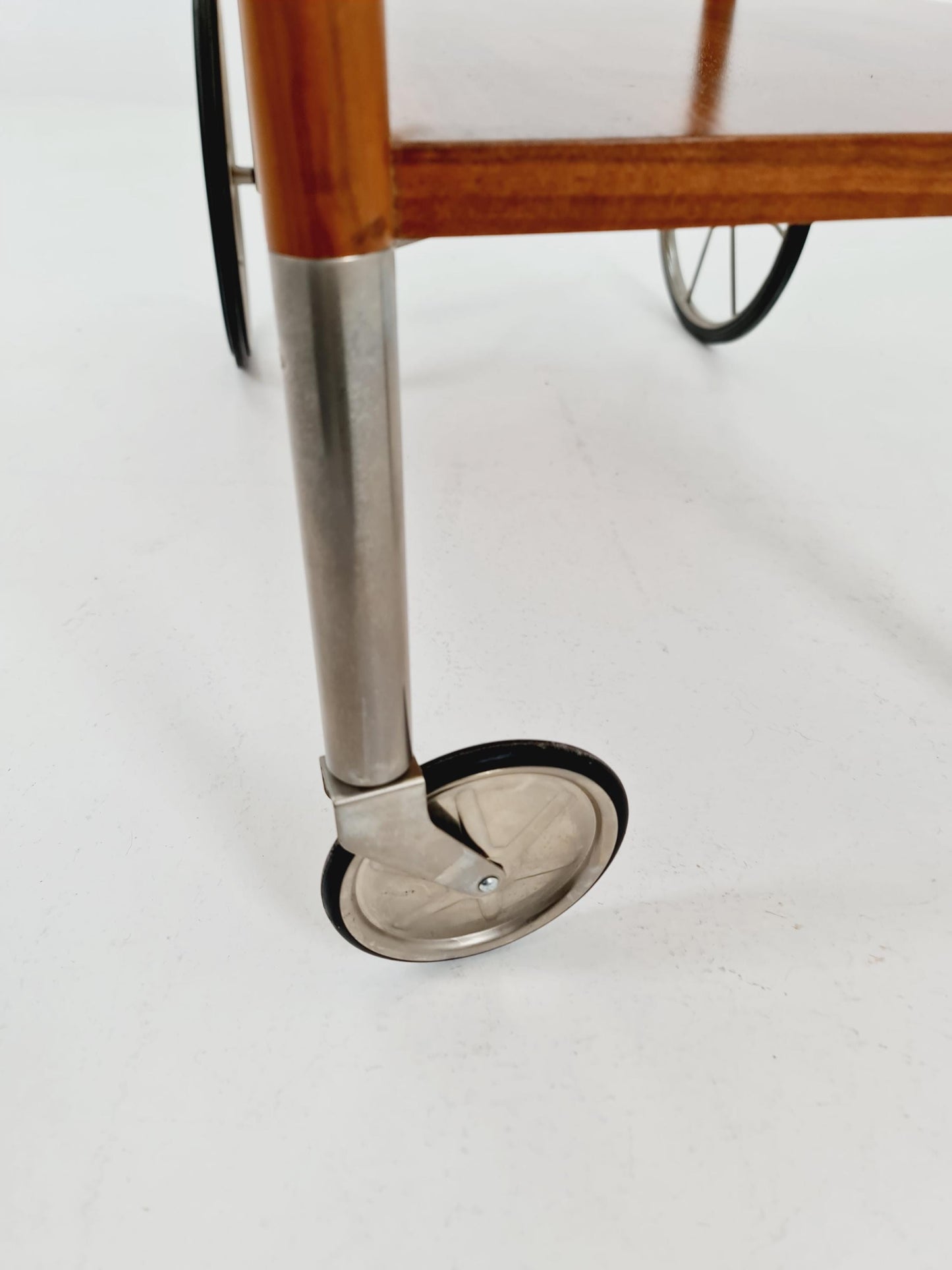 Vintage German trolley bar cart in Walnut & Chrome By Wilhem Renz , 1960s