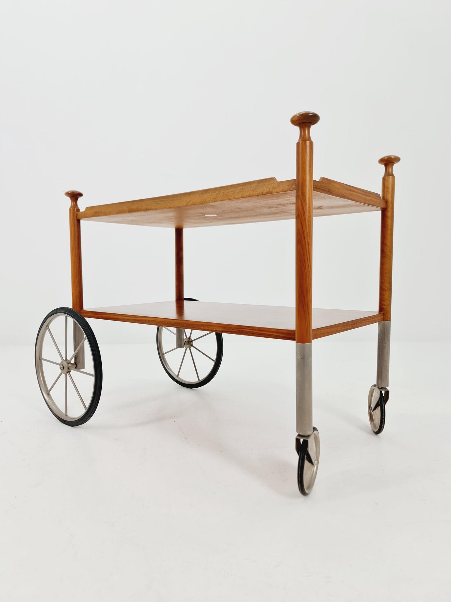 Vintage German trolley bar cart in Walnut & Chrome By Wilhem Renz , 1960s
