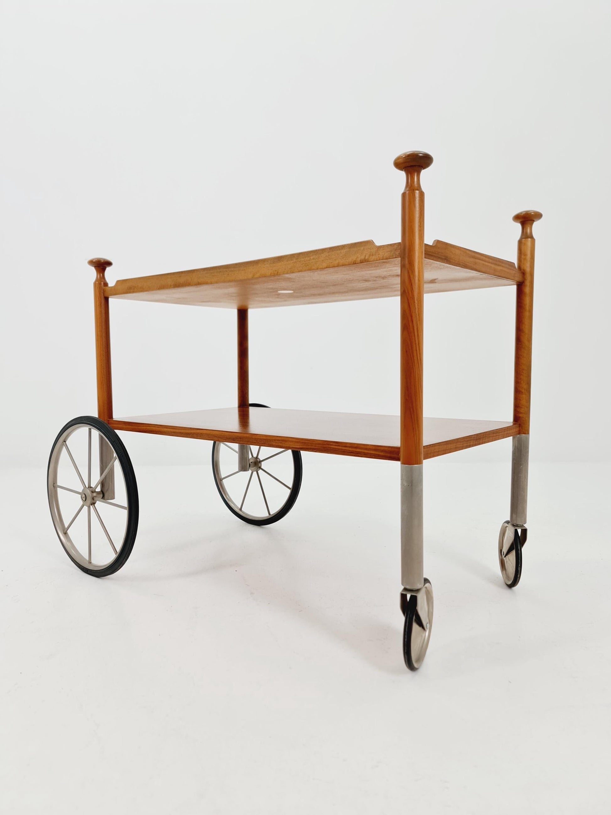 Vintage German trolley bar cart in Walnut & Chrome By Wilhem Renz , 1960s
