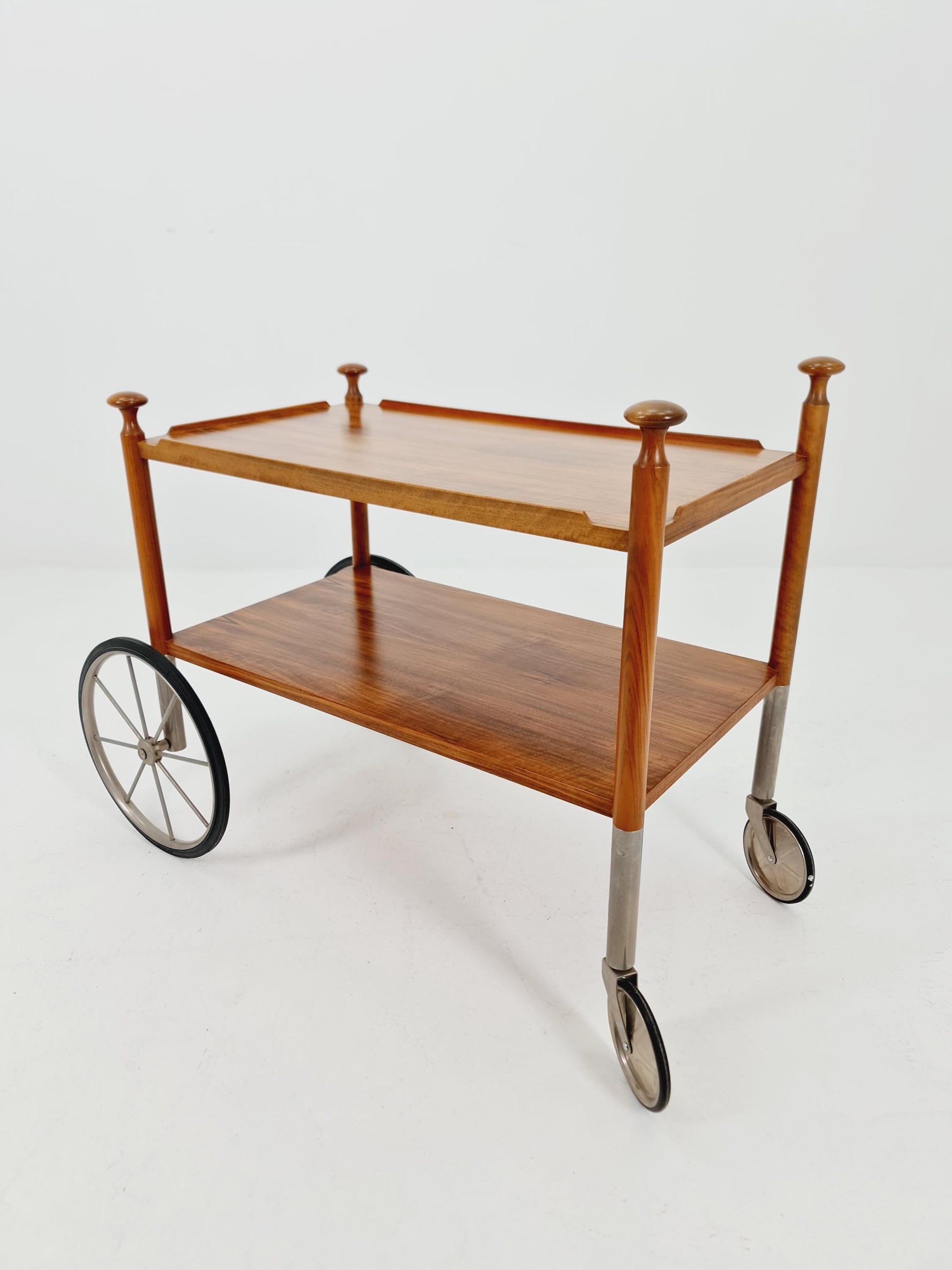 Vintage German trolley bar cart in Walnut & Chrome By Wilhem Renz , 1960s