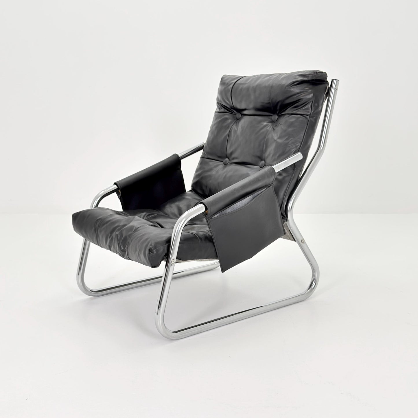 Rare Mid century black leather lounge chair By Gillis Lundgren Ikea Hoss Sweden 1970s