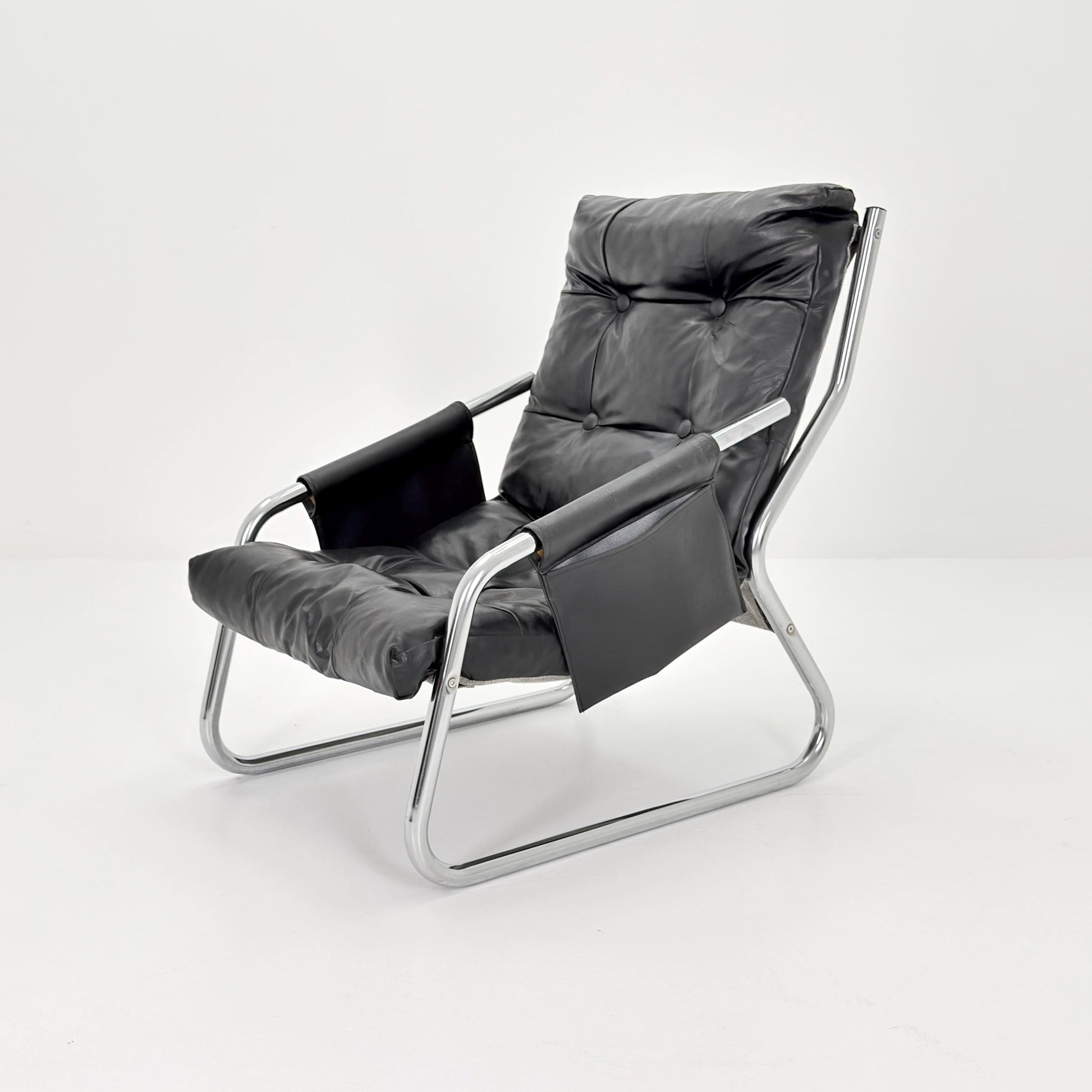 Rare Mid century black leather lounge chair By Gillis Lundgren Ikea Hoss Sweden 1970s