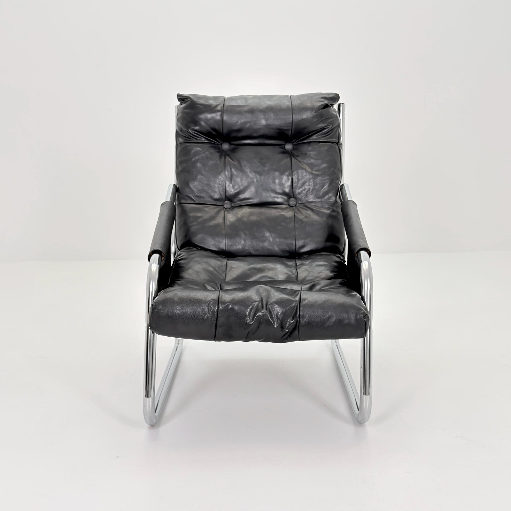 Rare Mid century black leather lounge chair By Gillis Lundgren Ikea Hoss Sweden 1970s