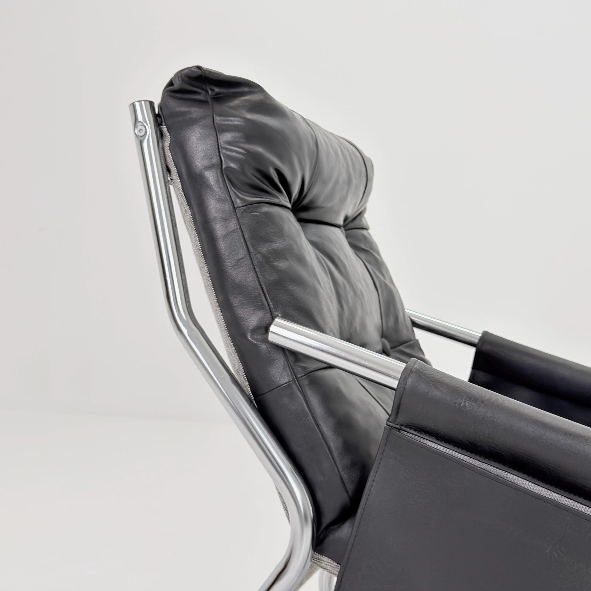 Rare Mid century black leather lounge chair By Gillis Lundgren Ikea Hoss Sweden 1970s