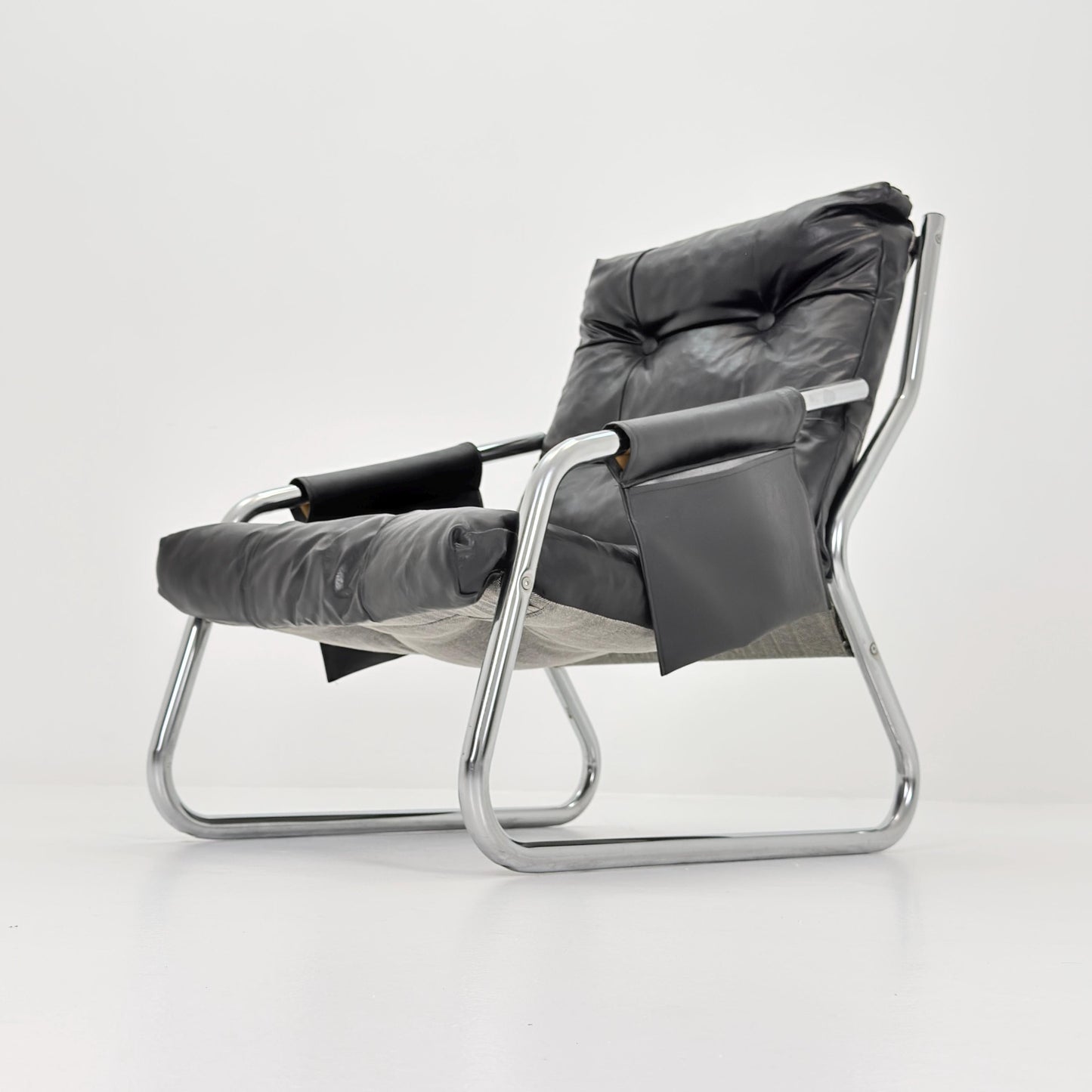 Rare Mid century black leather lounge chair By Gillis Lundgren Ikea Hoss Sweden 1970s