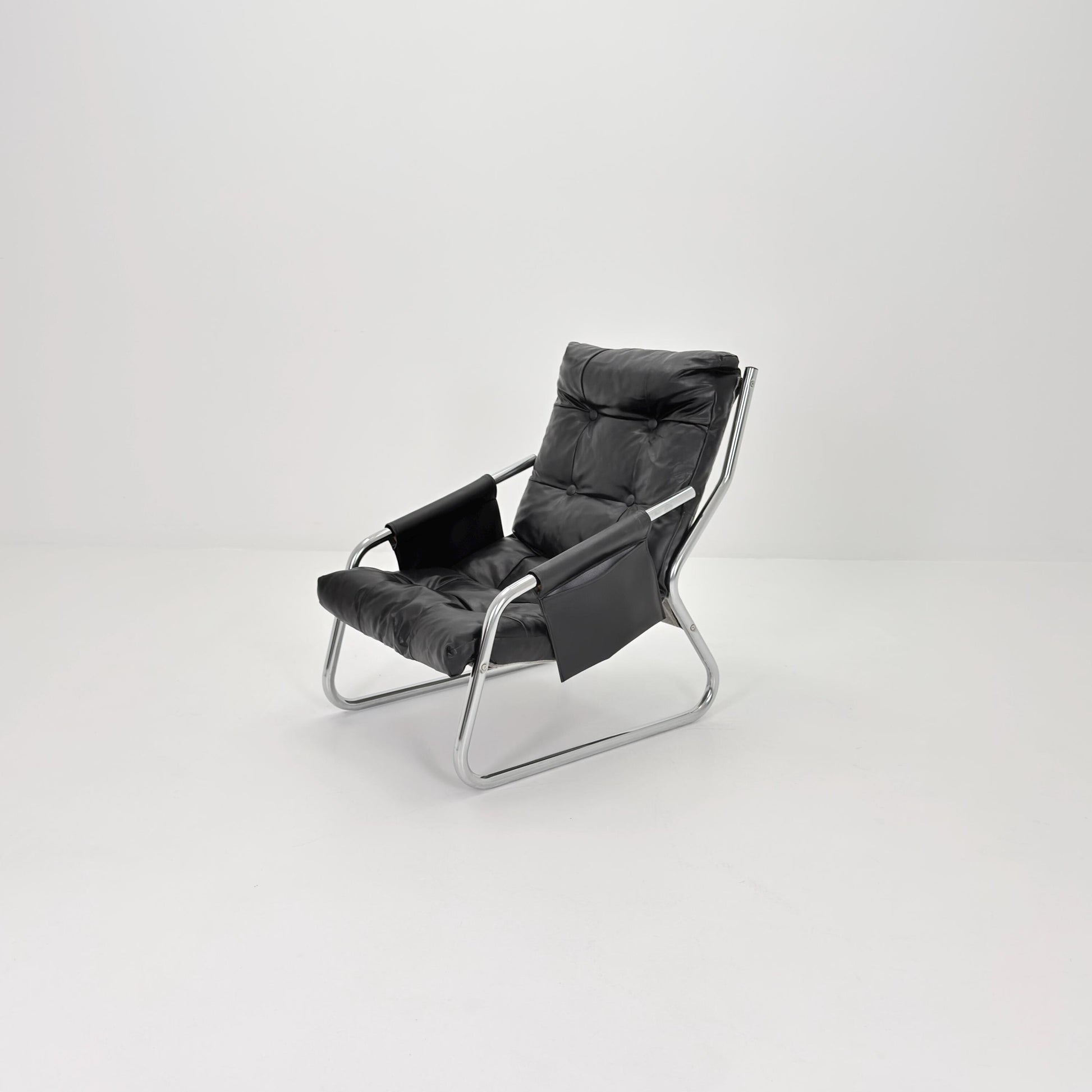 Rare Mid century black leather lounge chair By Gillis Lundgren Ikea Hoss Sweden 1970s