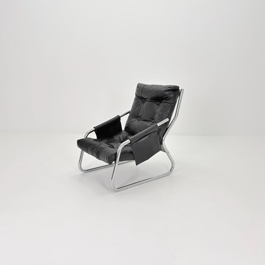 Rare Mid century black leather lounge chair By Gillis Lundgren Ikea Hoss Sweden 1970s