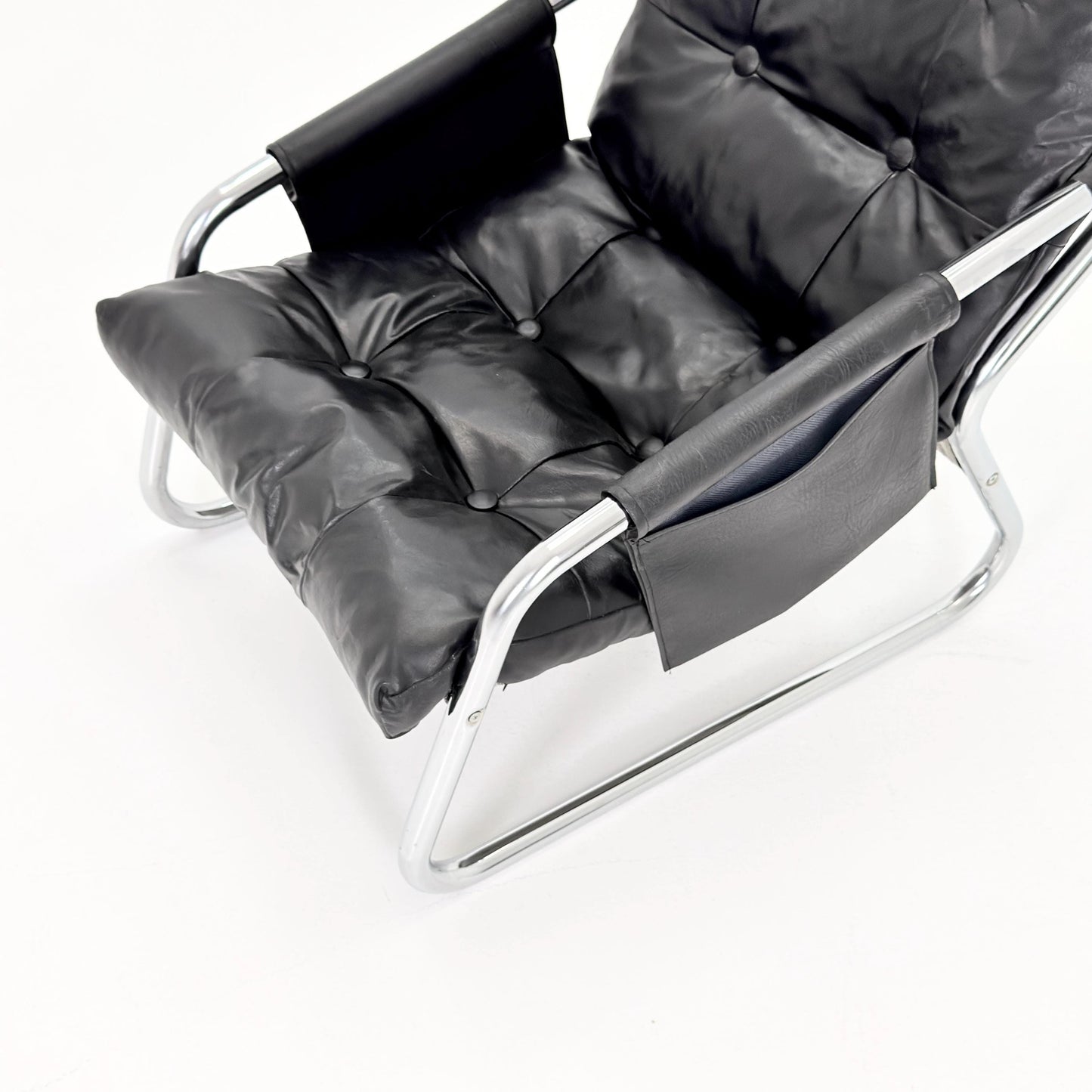 Rare Mid century black leather lounge chair By Gillis Lundgren Ikea Hoss Sweden 1970s