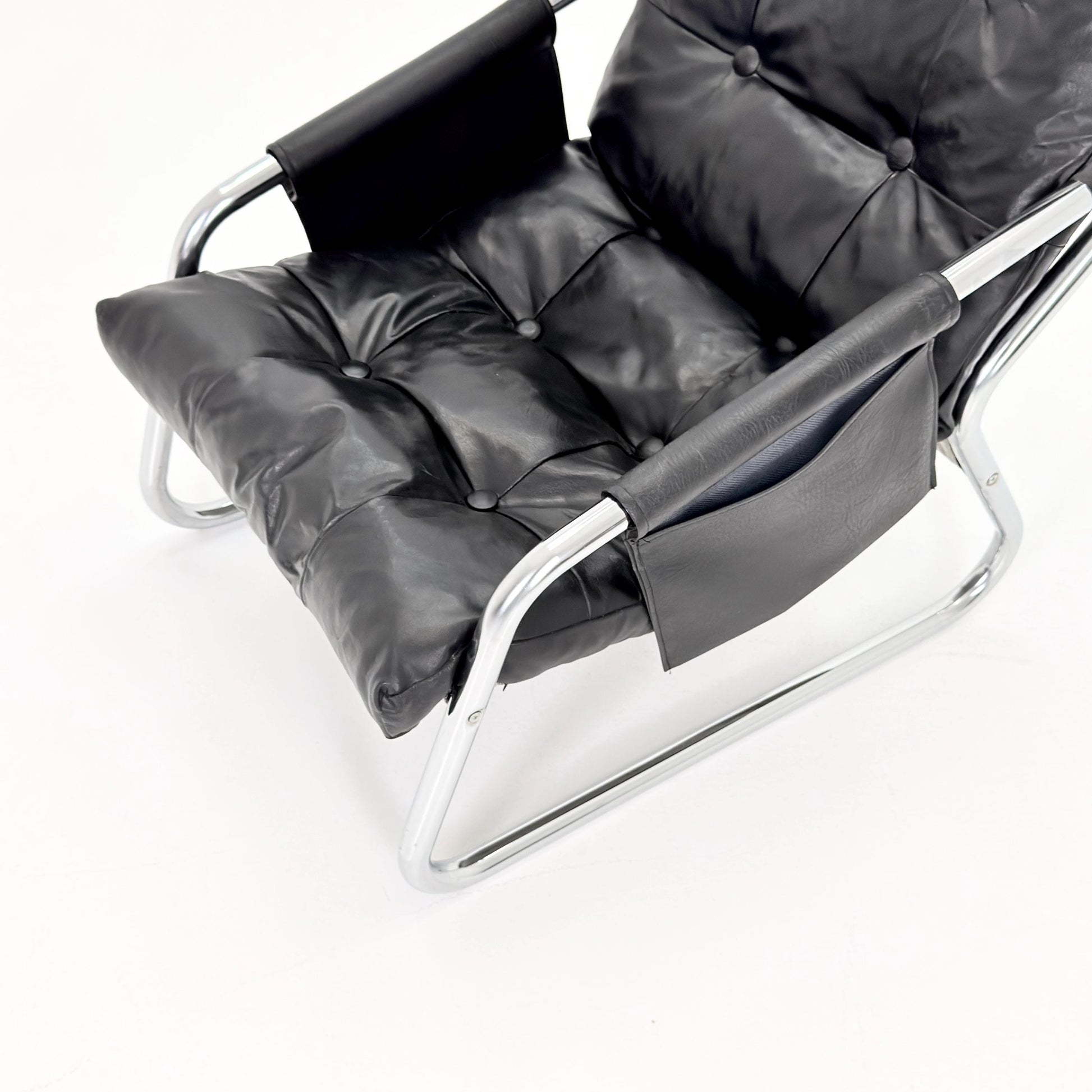 Rare Mid century black leather lounge chair By Gillis Lundgren Ikea Hoss Sweden 1970s