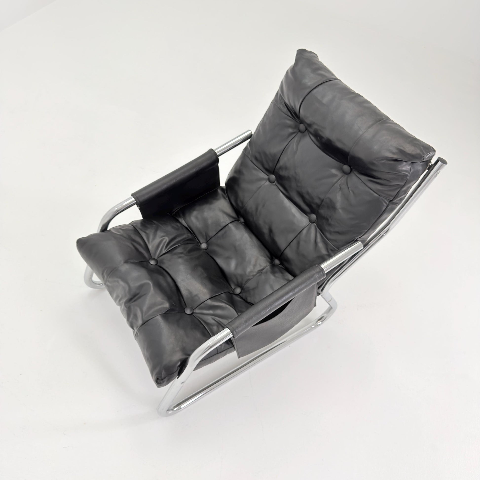 Rare Mid century black leather lounge chair By Gillis Lundgren Ikea Hoss Sweden 1970s