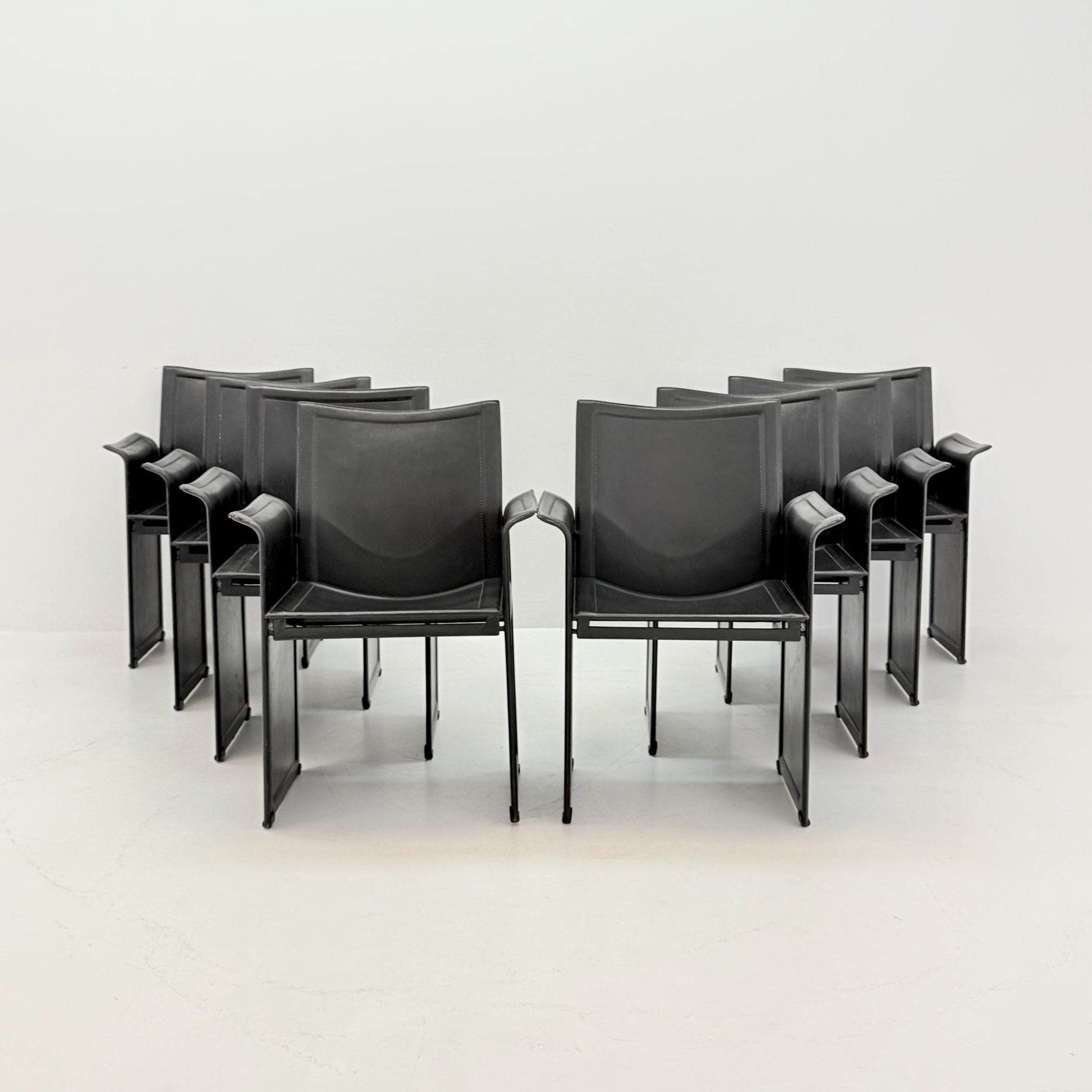 Set of 4 Mid-Century Italian “Korium” KM1 Black Leather Armchair by Tito Agnoli for Matteo Grassi, 1970s Italy